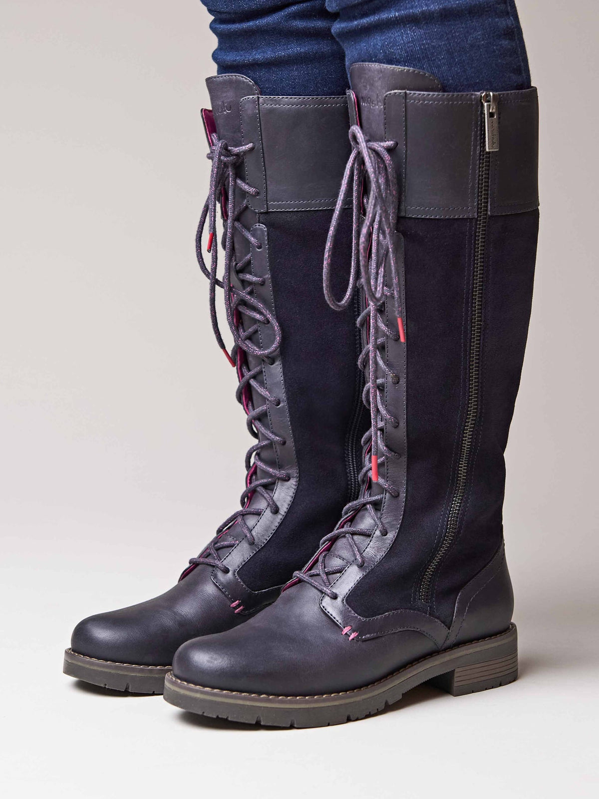 Blue long adjustable lace-up boots - AIMEE NAVY