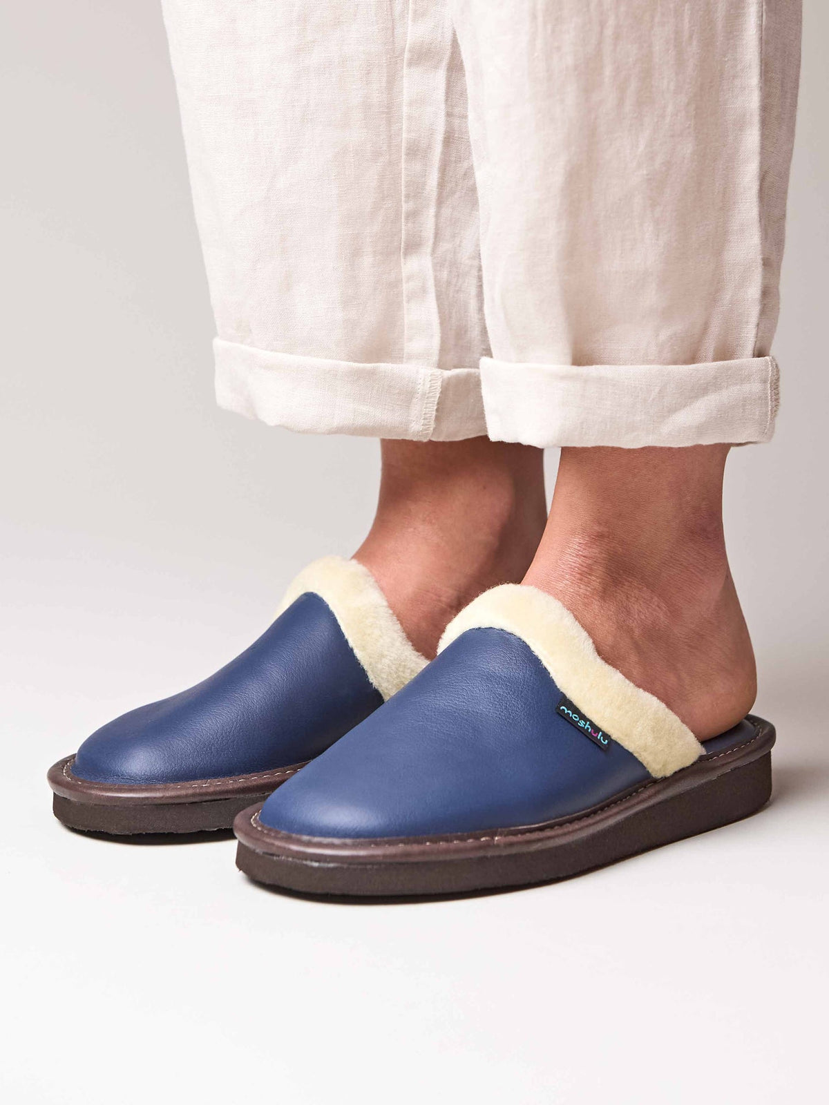 Blue classic leather mule slippers - ADELE 2 INDIGO
