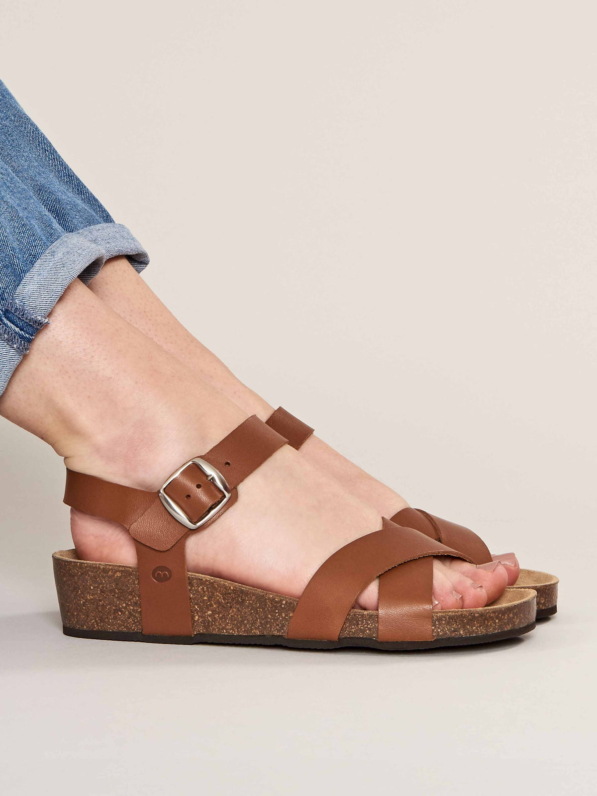 Brown leather cross-over low-wedge sandals - BIGBURY 2 TAN