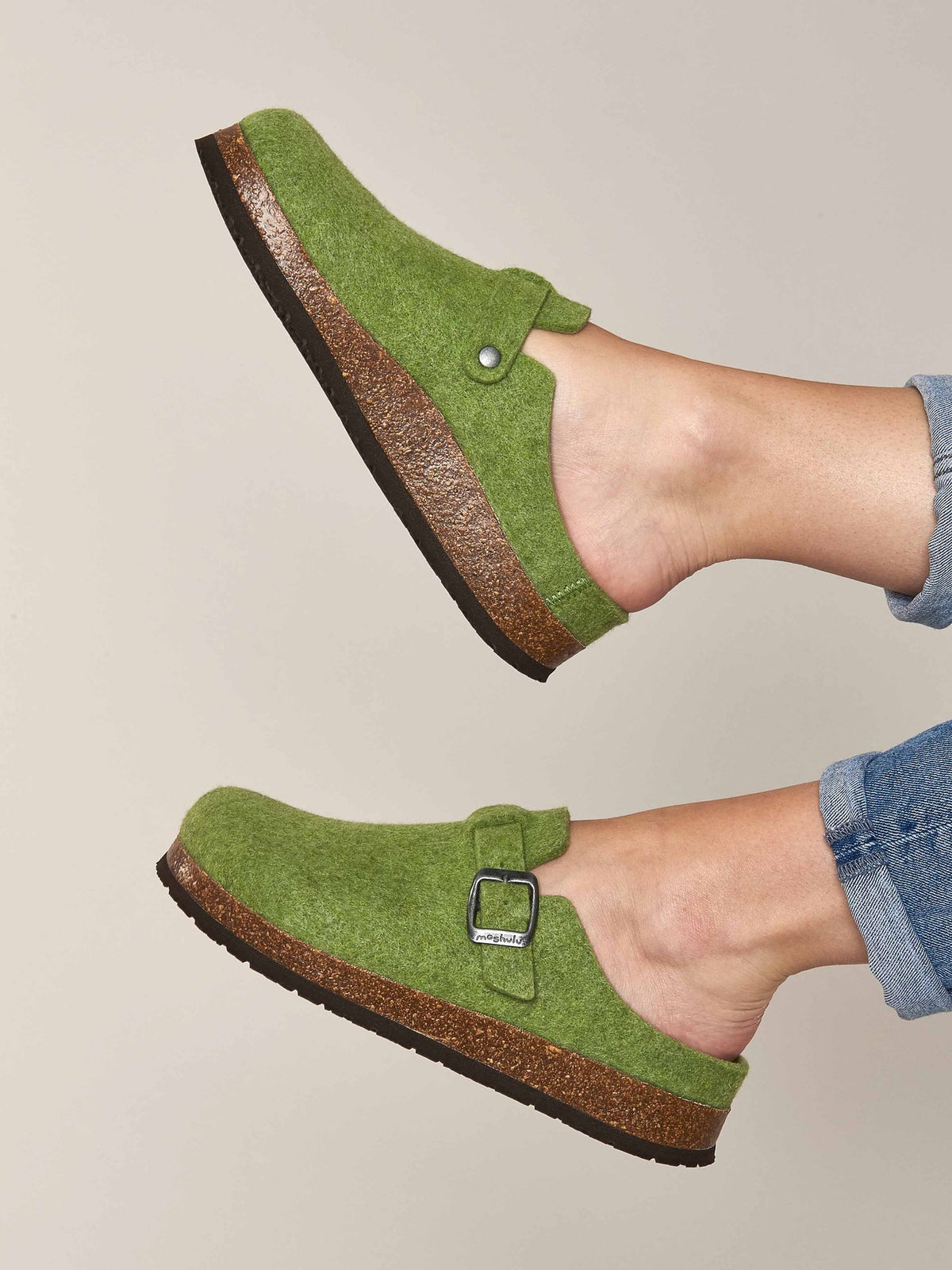 Green wool felt clog mule slippers - CECILIA GREENERY