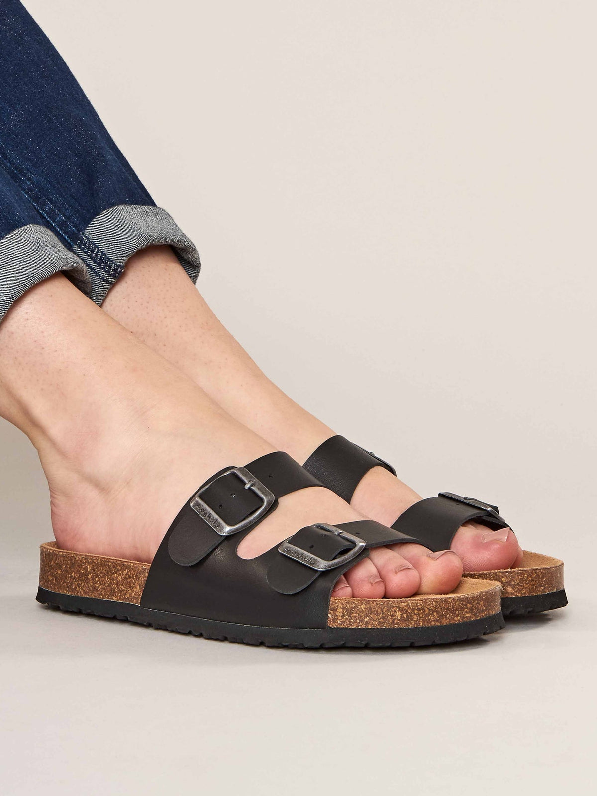 Black leather cork footbed sandals - DANUBE 2 BLACK