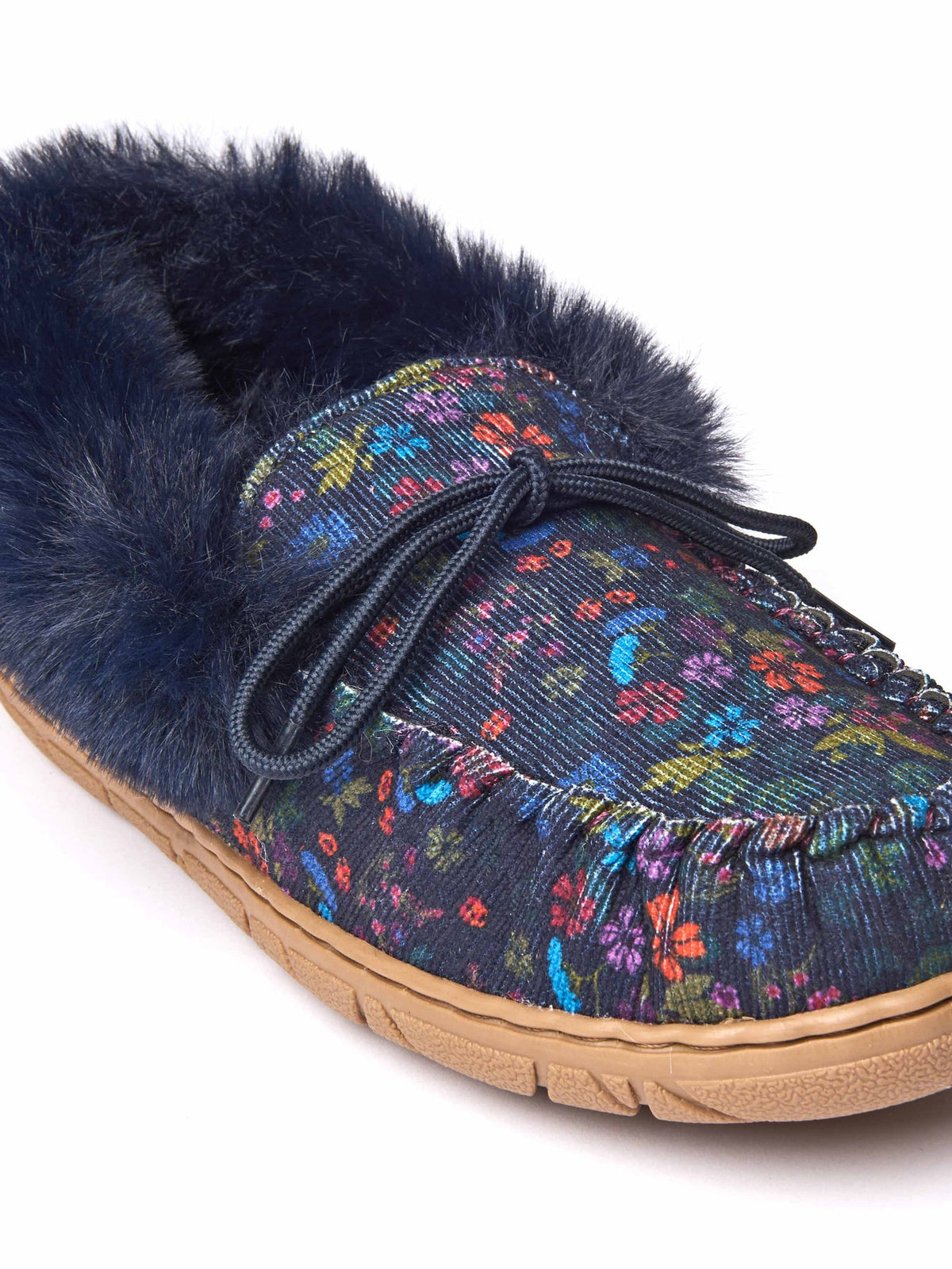 Blue fluffy moccasin slipper - ZELLA INDIGO FLORAL