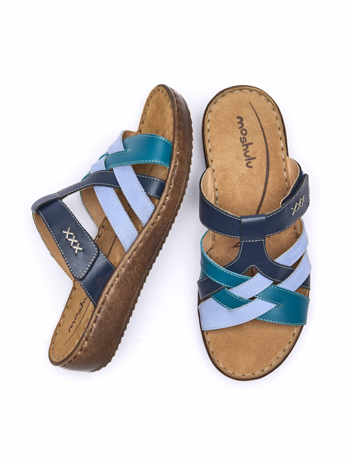 Blue multi-coloured slip on sandals - ZAHARA INDIGO MULTI LEATHER