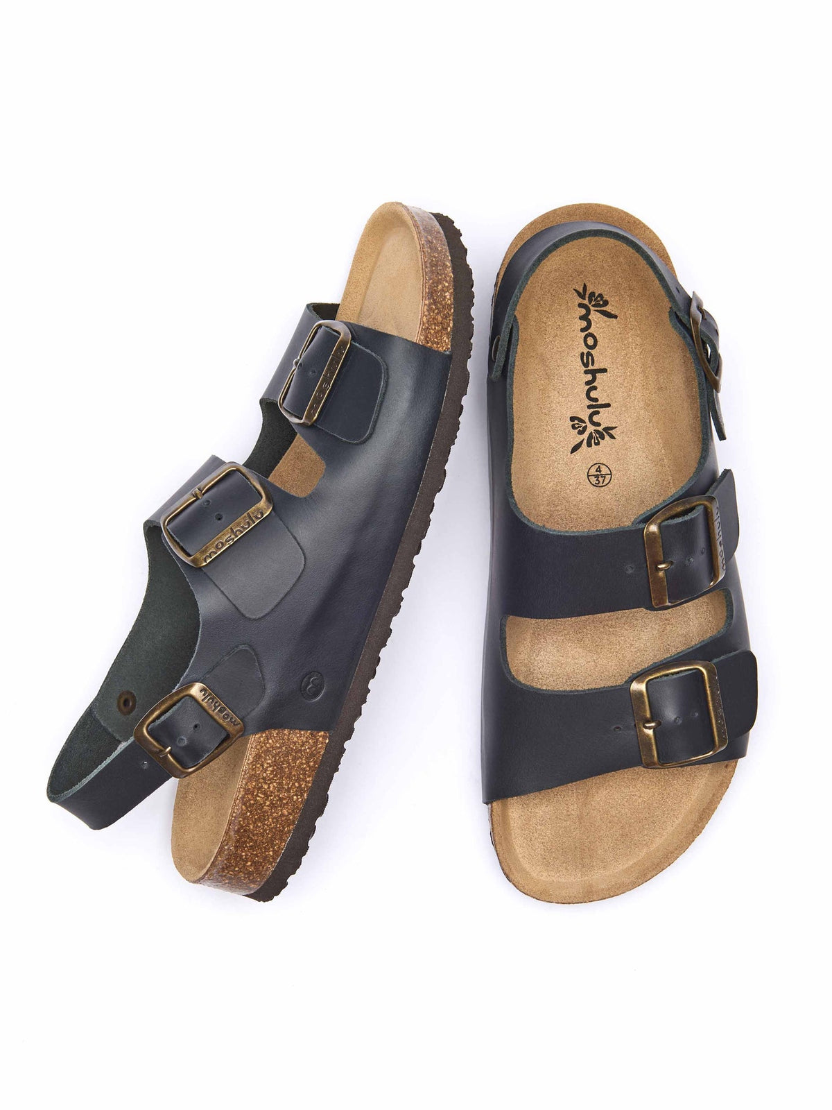 Blue multistrap leather cork footbed sandals - PALME INDIGO WAXY LEATHER