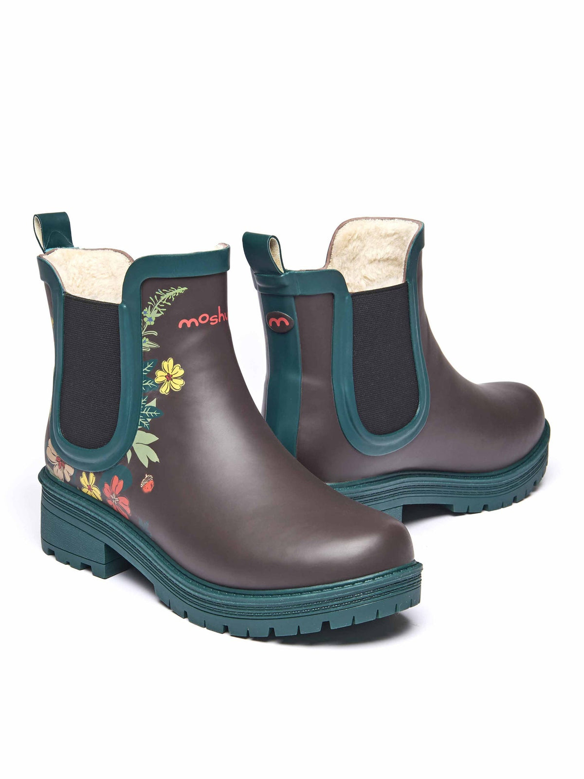 Brown cushioned faux fur lined ankle welly boot - TIDE BROWN ACORN BLOOM