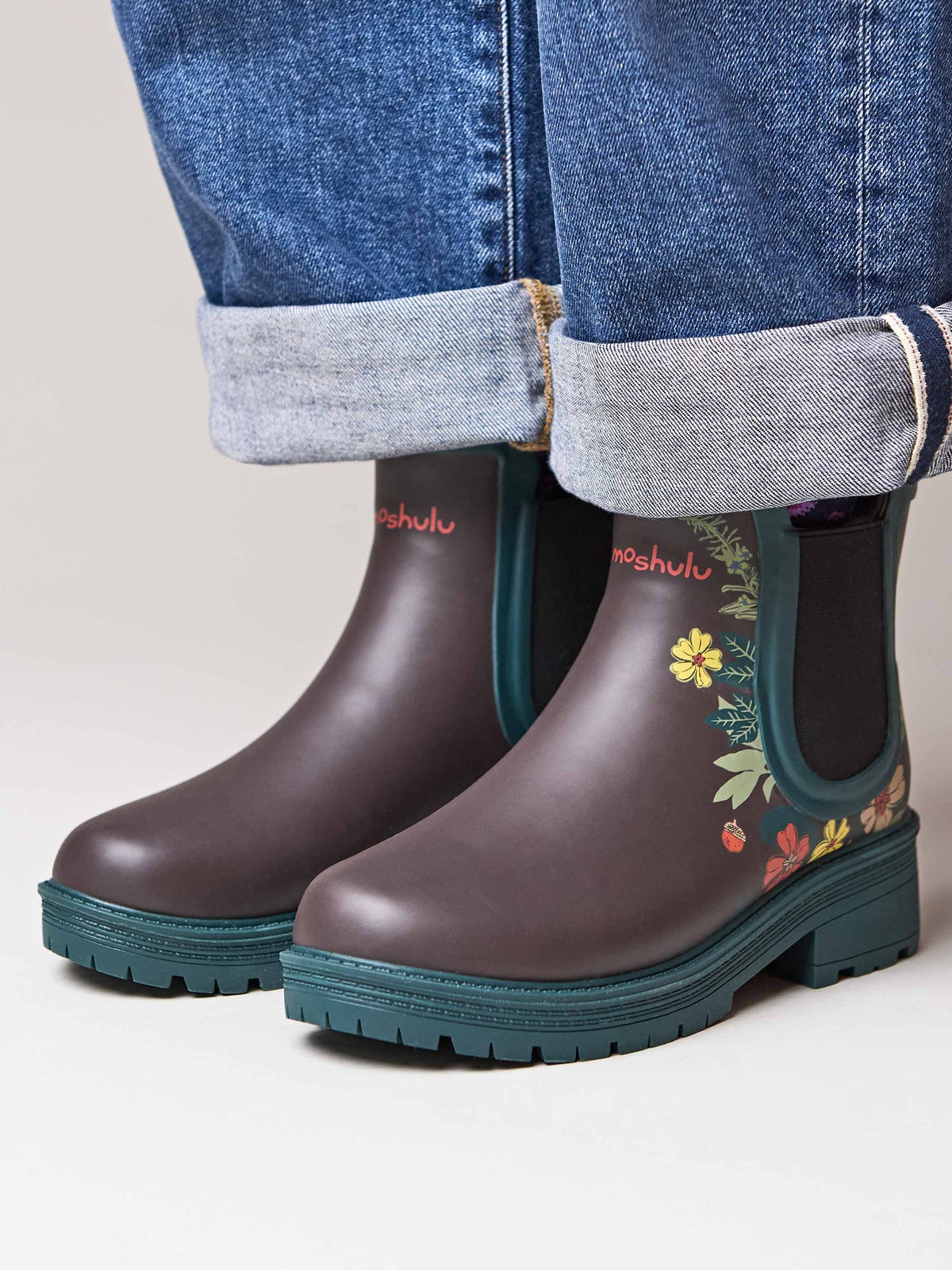 Brown cushioned faux fur lined ankle welly boot - TIDE BROWN ACORN BLOOM