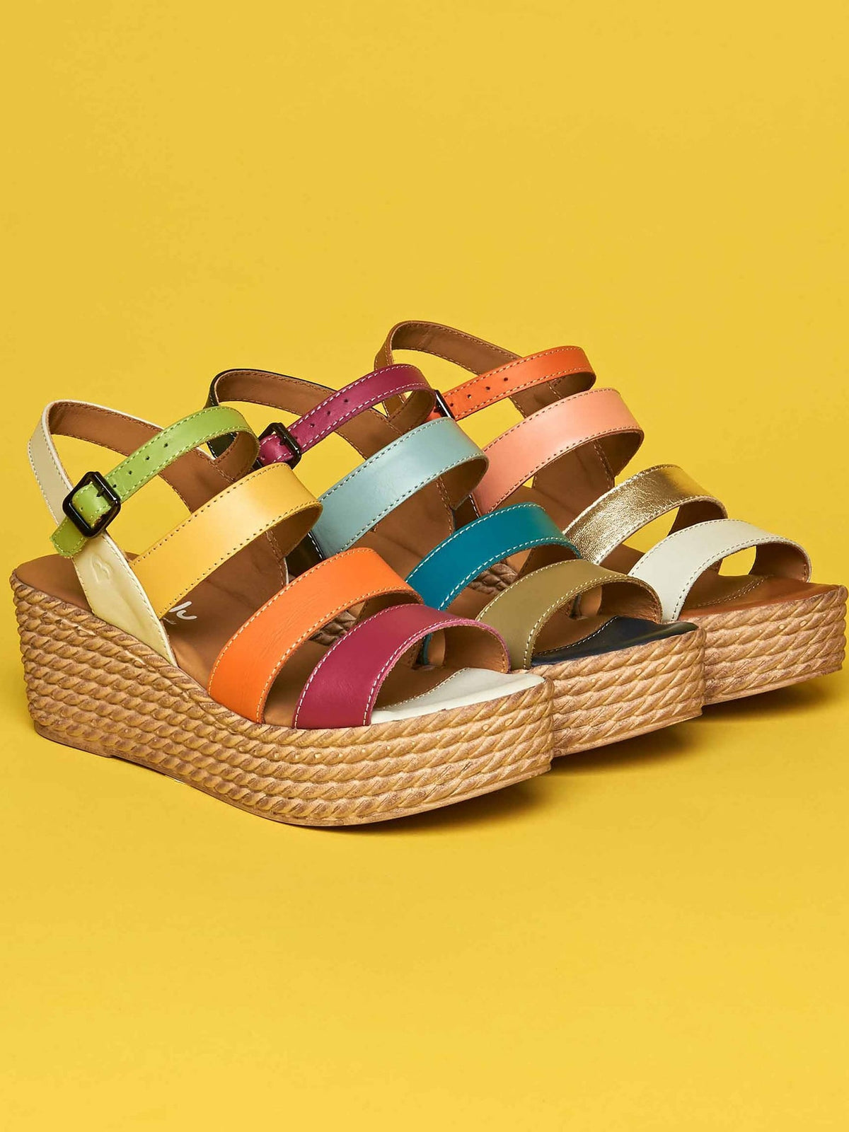 Brown Leather strappy wedge sandals - CAMERI TAN MULTI