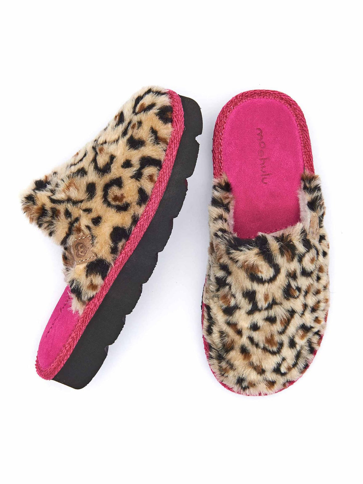 Pink leopard print fluffy mule slippers - SNOW LEOPARD FUCHSIA