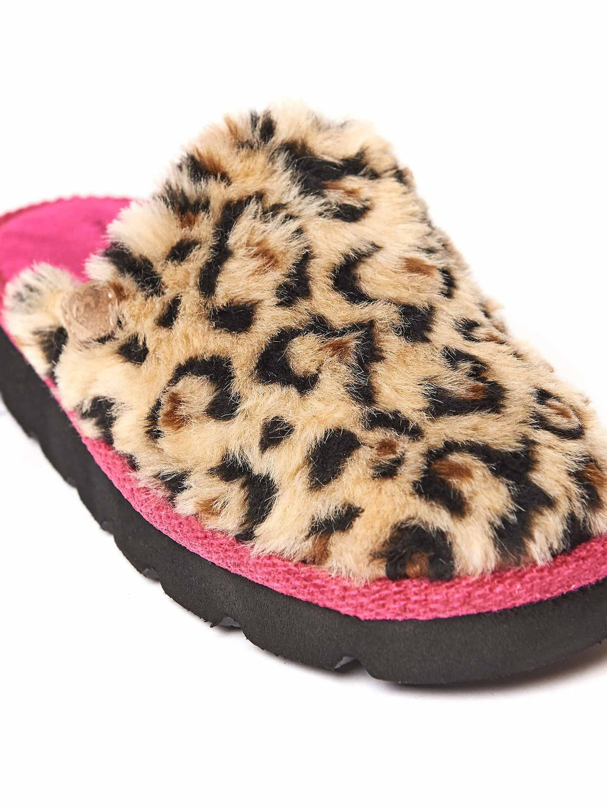 Pink leopard print fluffy mule slippers - SNOW LEOPARD FUCHSIA