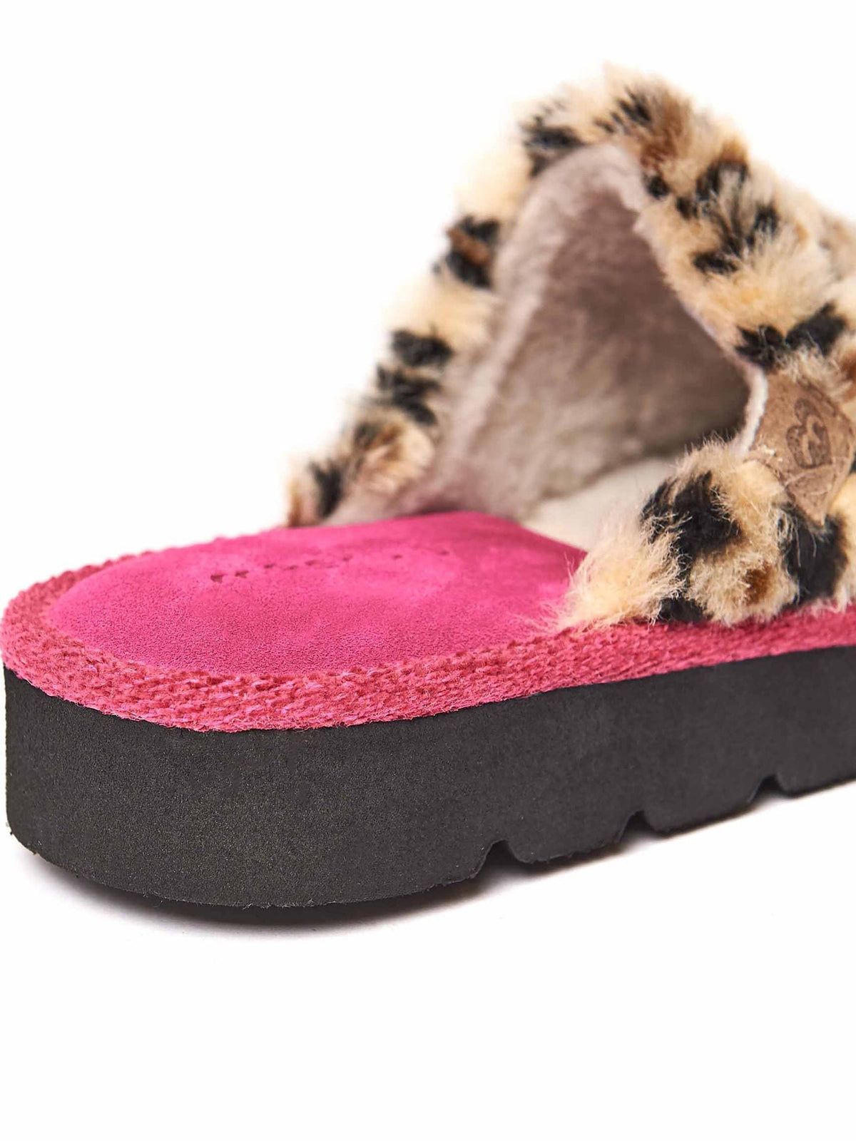 Pink leopard print fluffy mule slippers - SNOW LEOPARD FUCHSIA