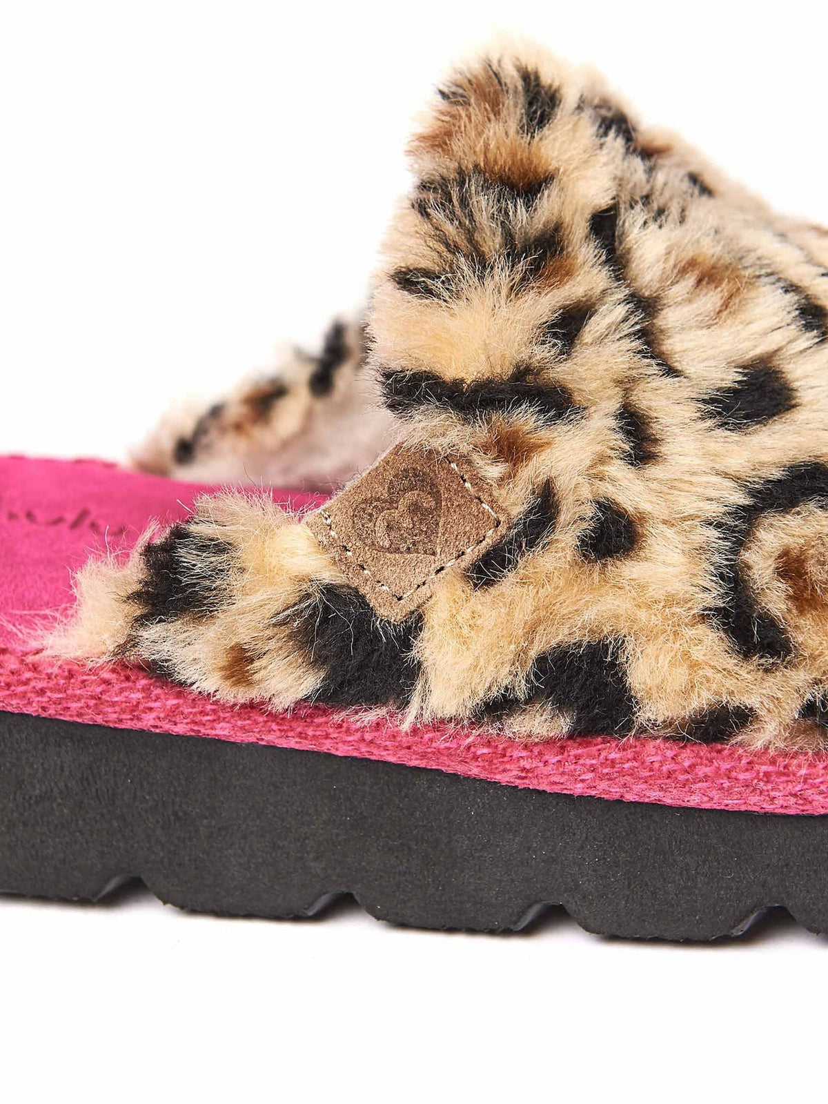 Pink leopard print fluffy mule slippers - SNOW LEOPARD FUCHSIA