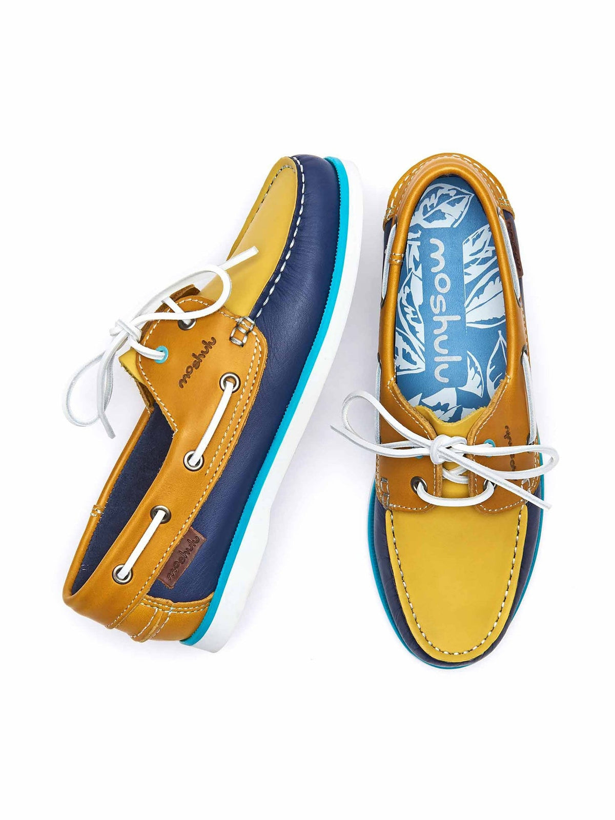 Yellow / Blue Colourful leather deck shoes - SALCOMBE LEATHER TWILIGHT BLUE/LEMON/YELLOW