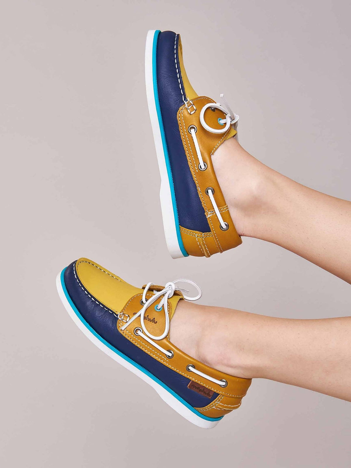 Yellow / Blue Colourful leather deck shoes - SALCOMBE LEATHER TWILIGHT BLUE/LEMON/YELLOW