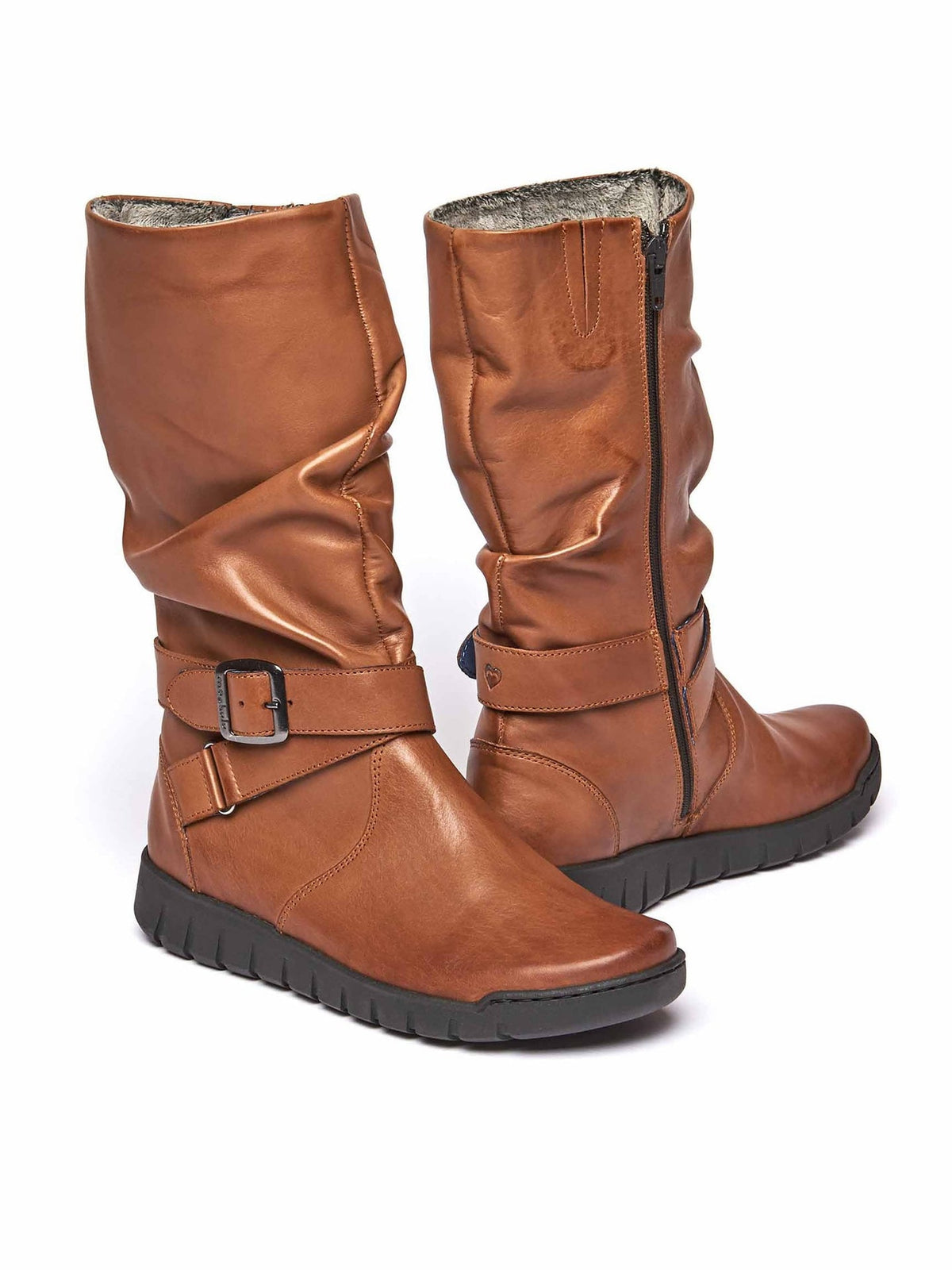 Brown ruched leather mid-length boots - MALMO TAN