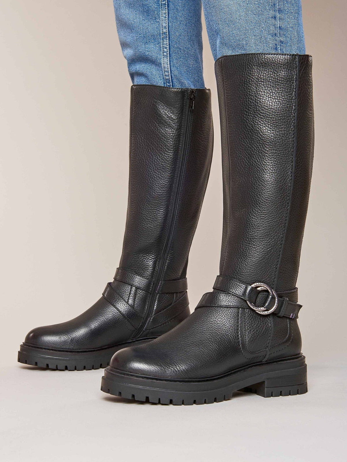 Black knee-high leather biker boots - KAHLO BLACK