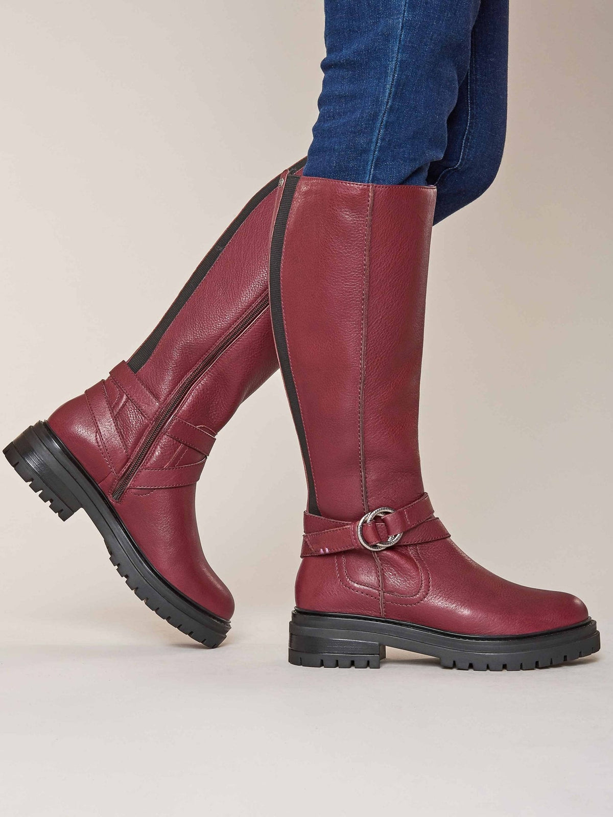 Red knee-high leather biker boots - KAHLO CABERNET