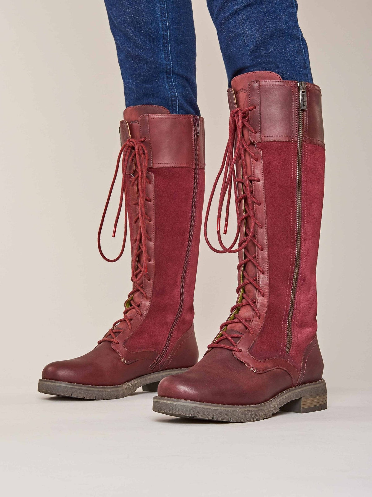 Red long adjustable lace-up boots - AIMEE CABERNET