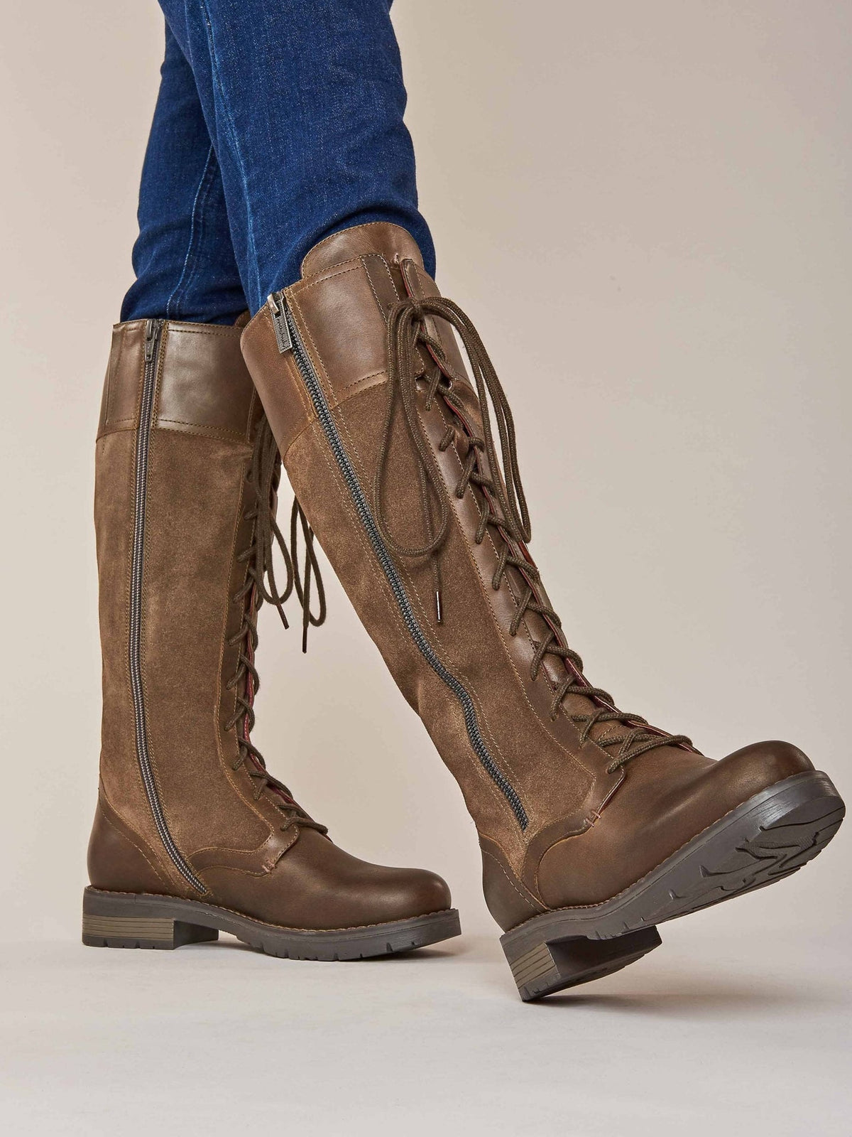 Brown long adjustable lace-up boots - AIMEE KHAKI BROWN