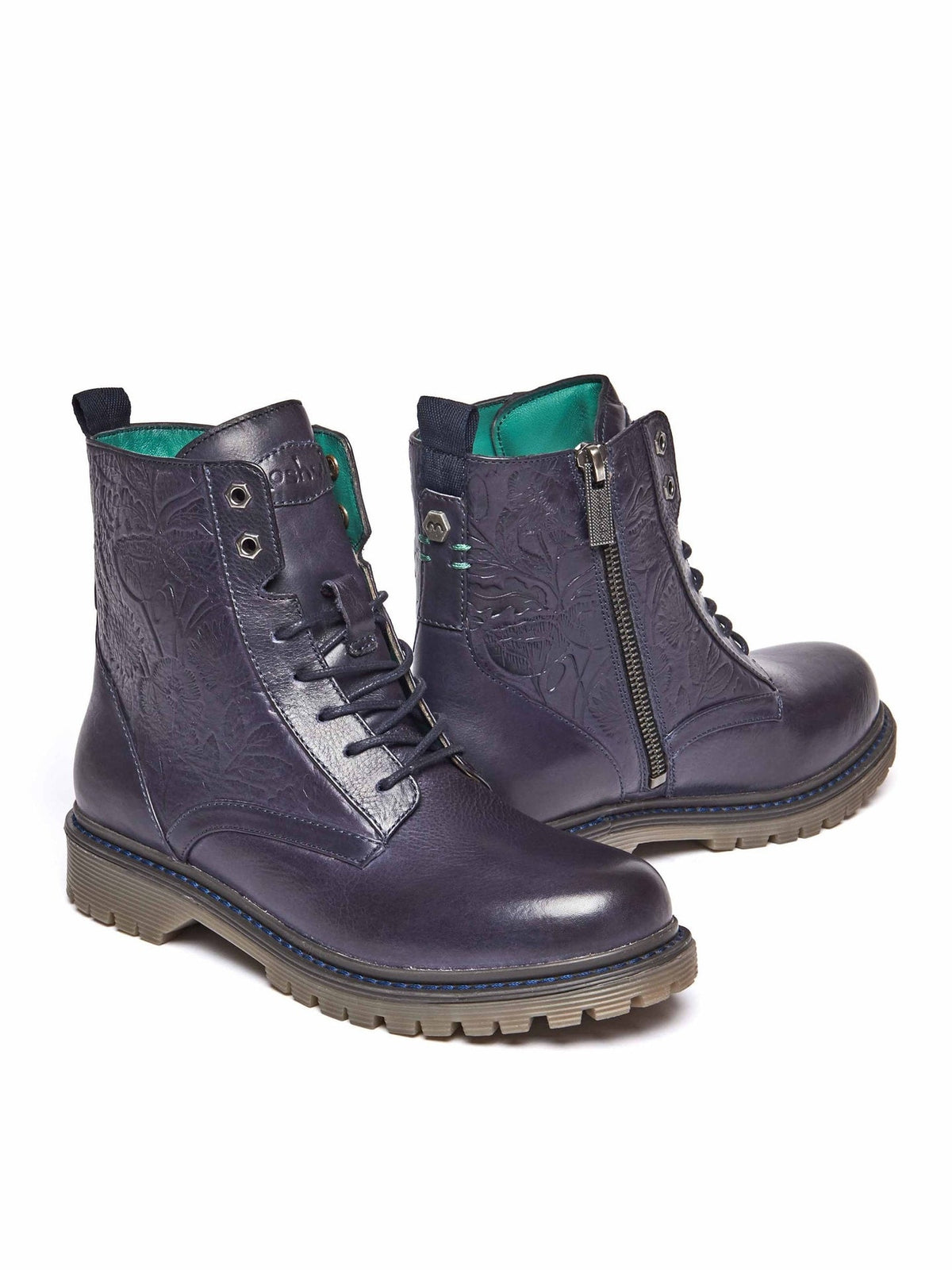 Blue ladies' embossed lace-up worker boots - FIORD 3 INDIGO