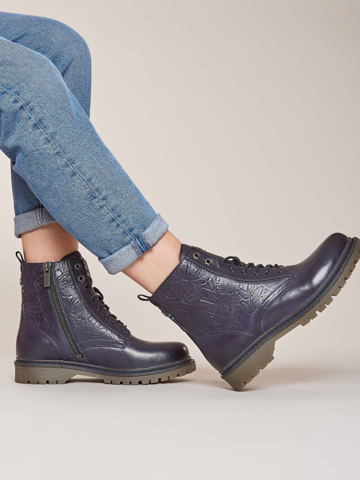 Blue ladies' embossed lace-up worker boots - FIORD 3 INDIGO