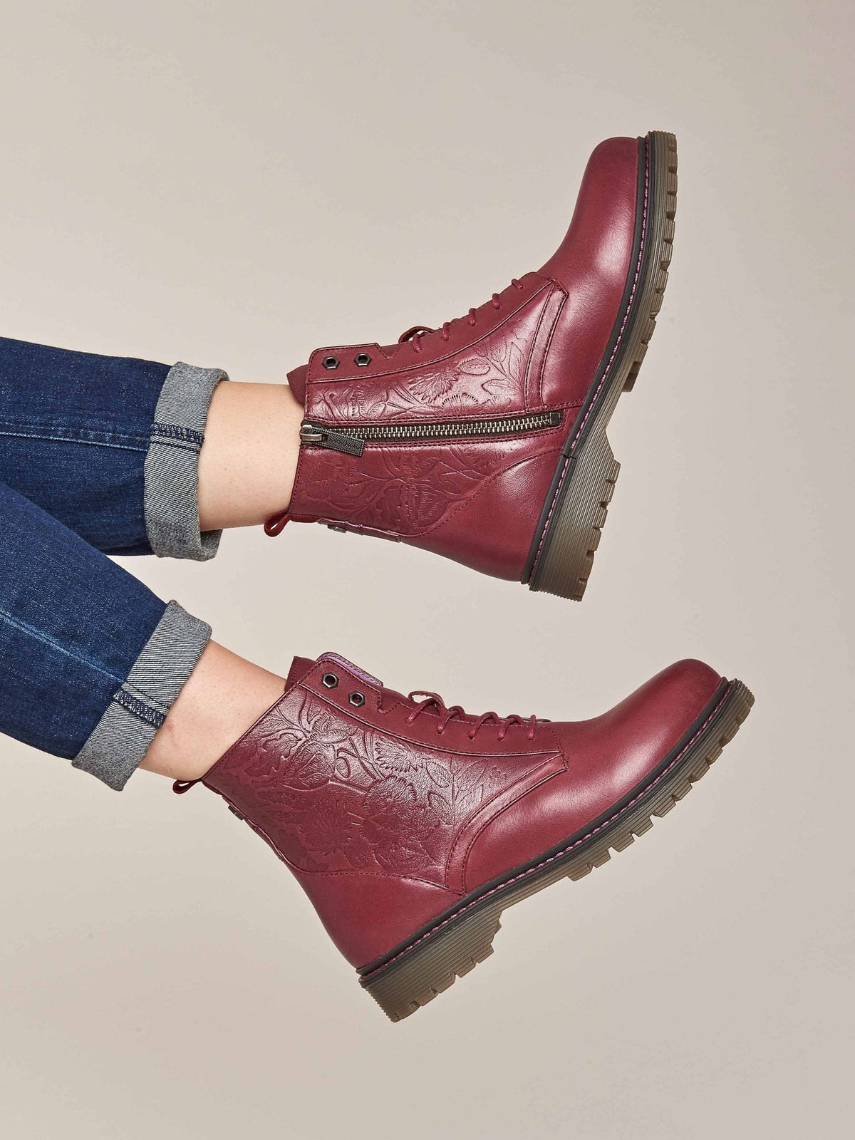 Pink ladies' embossed lace-up worker boots - FIORD 3 RASPBERRY