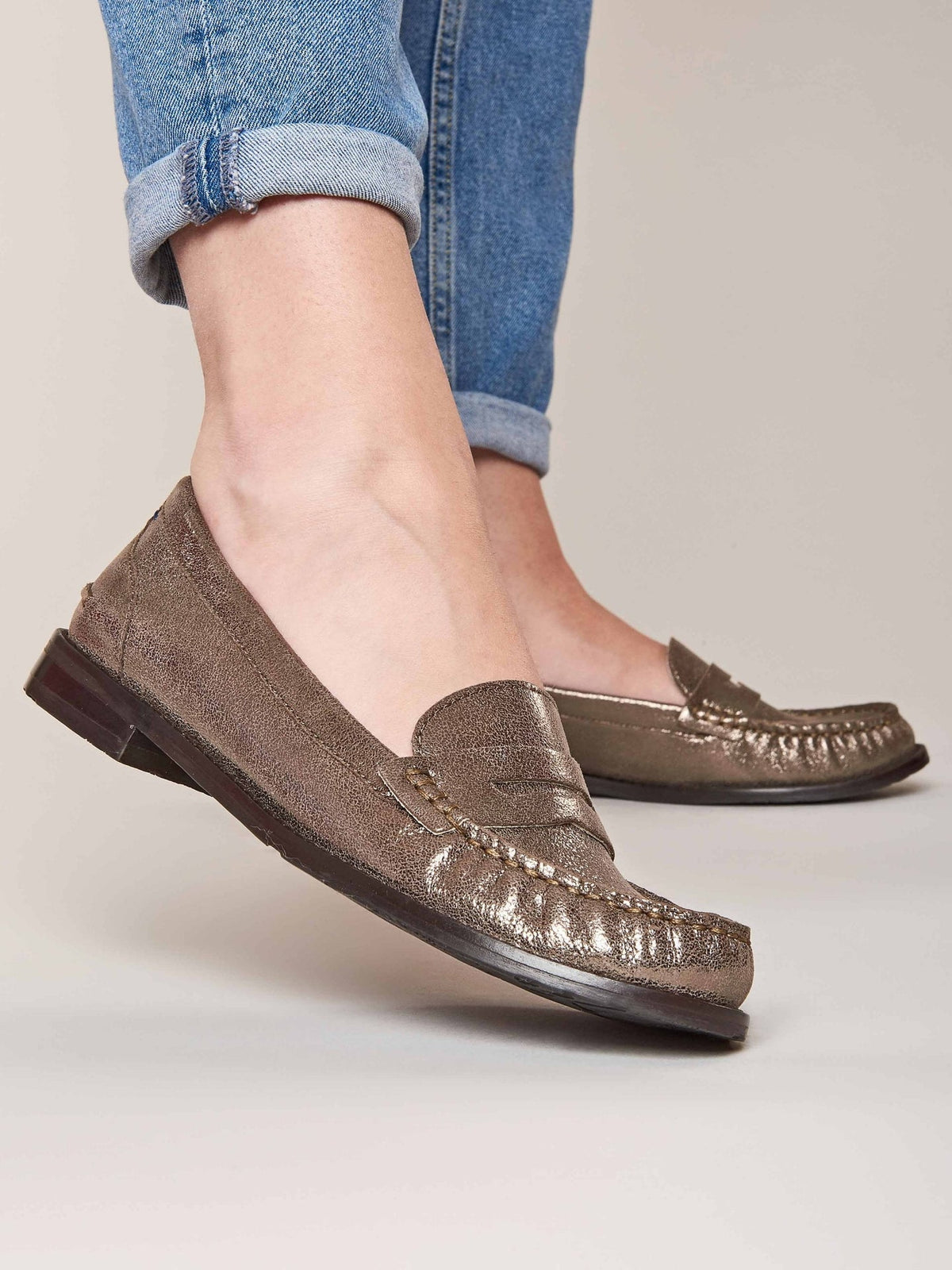 Metallic classic leather penny loafers - PETREL LEATHER BRONZE METALLIC