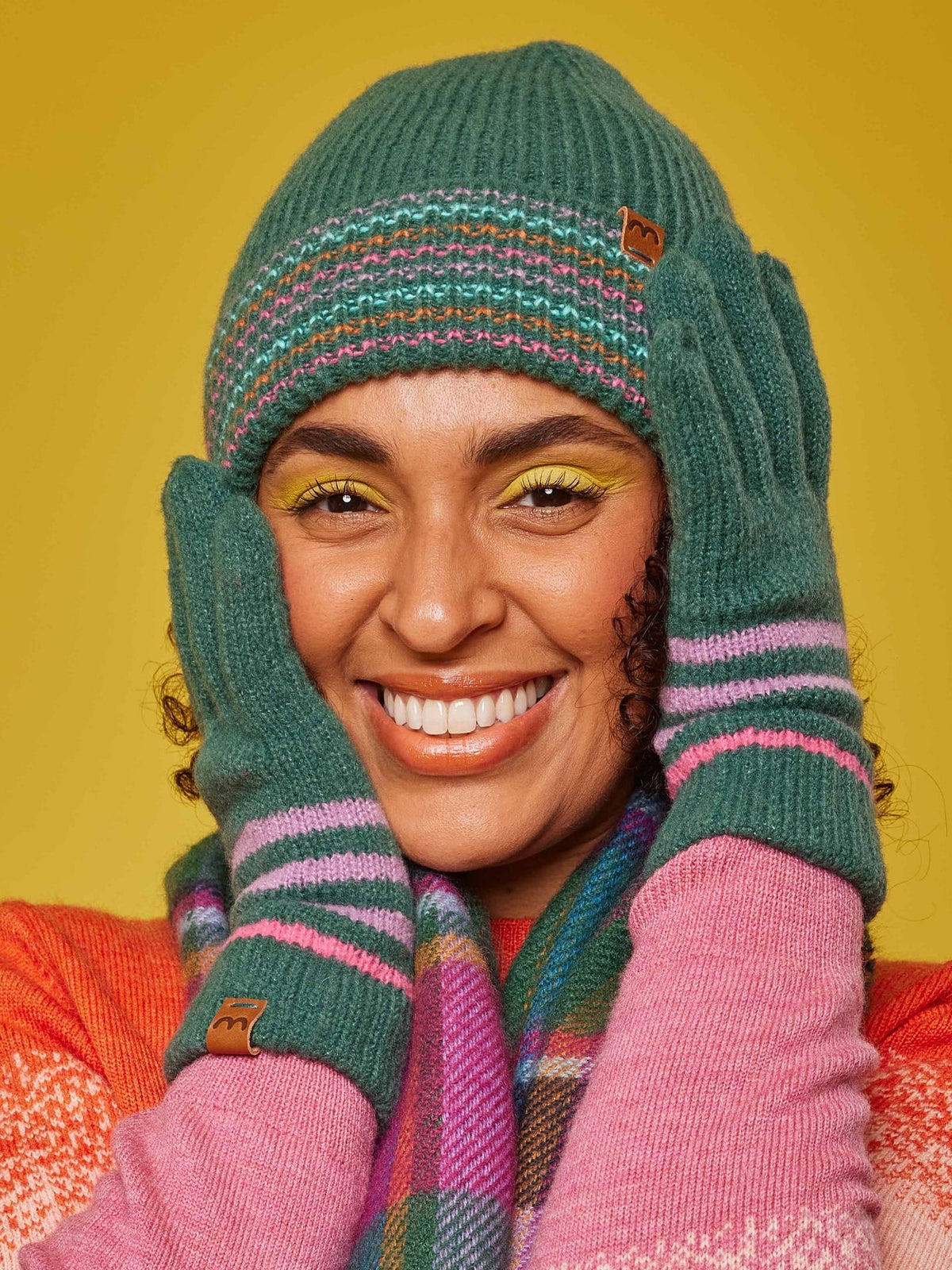 Green ladies' knitted green and pink striped gloves - CHAFFINCH GLOVE KALE GREEN
