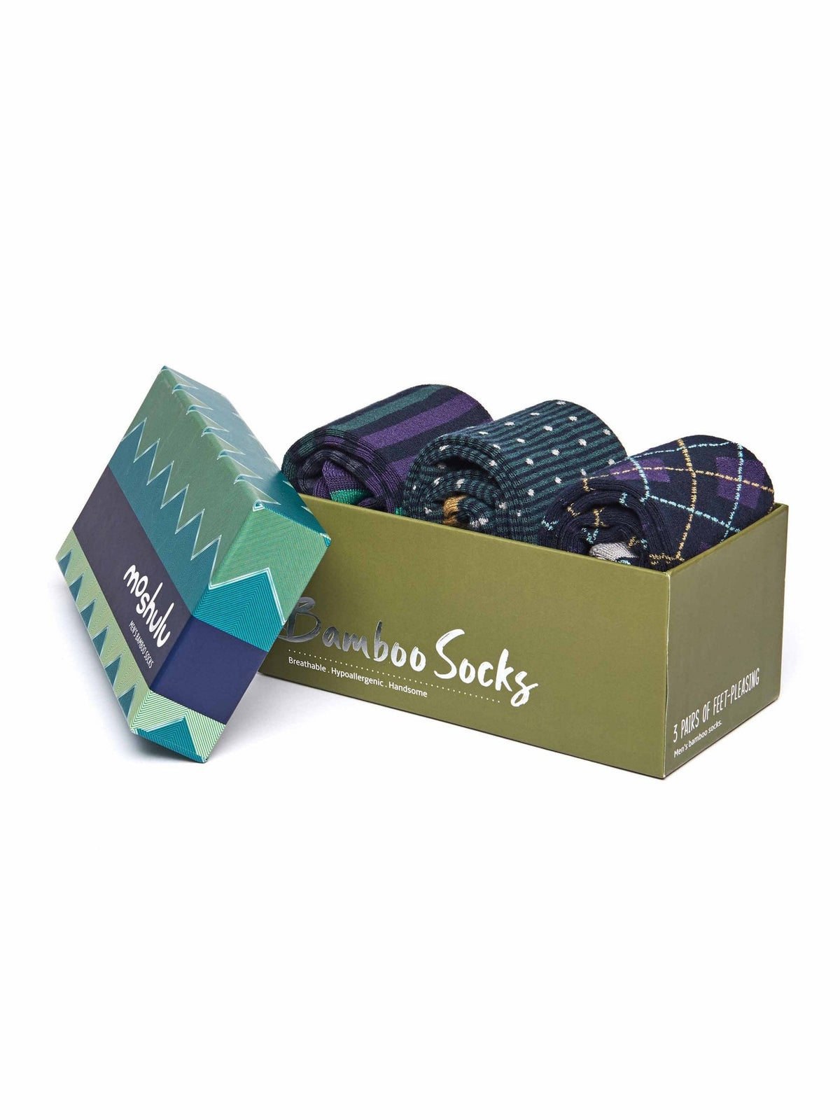 Green men's patterned bamboo blend sock box - RUBUS SOCK BOX FOREST MULTI