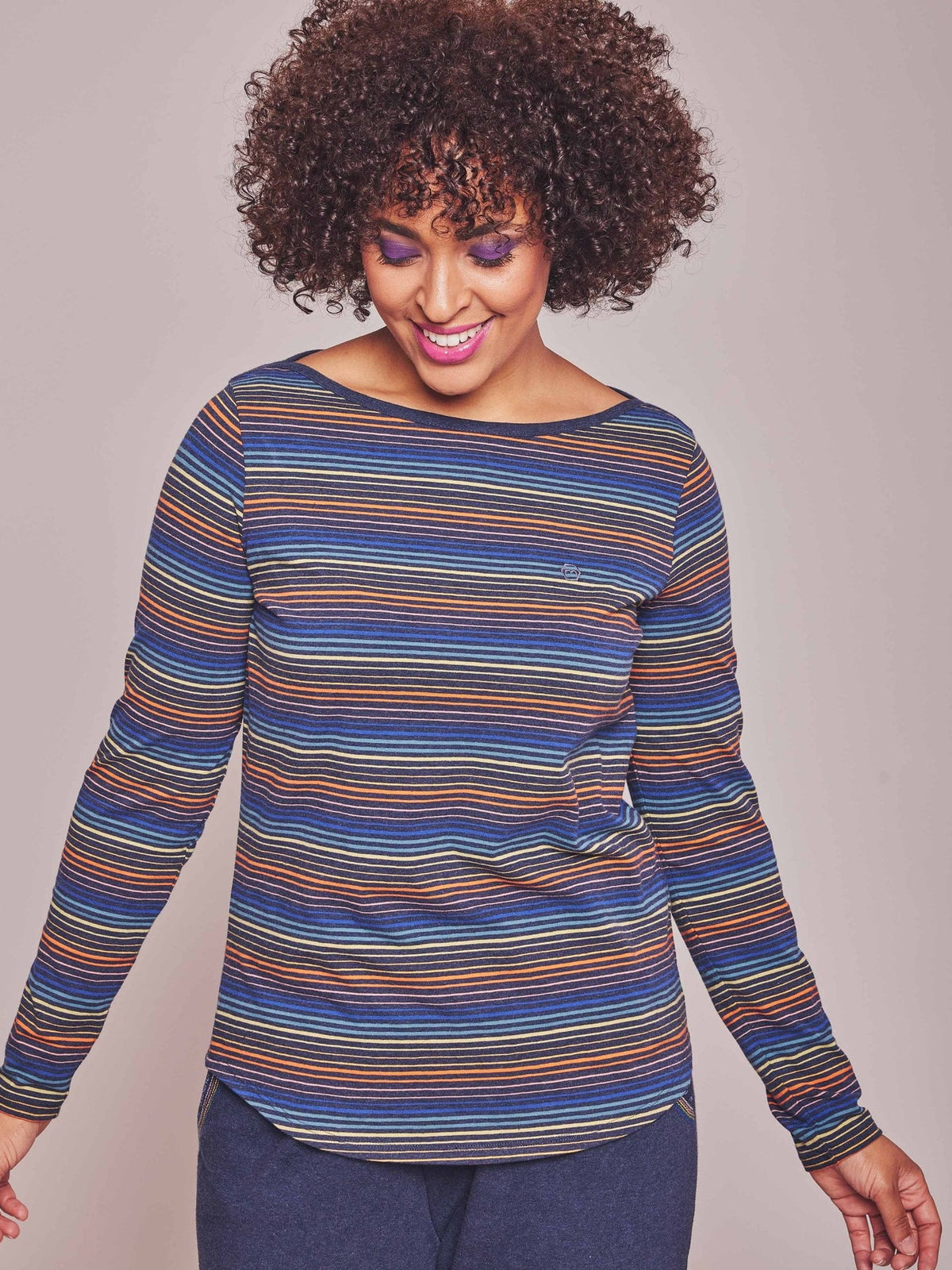 Blue Ladies' Breton cotton-rich pyjama top - BREATHER INDIGO MULTI