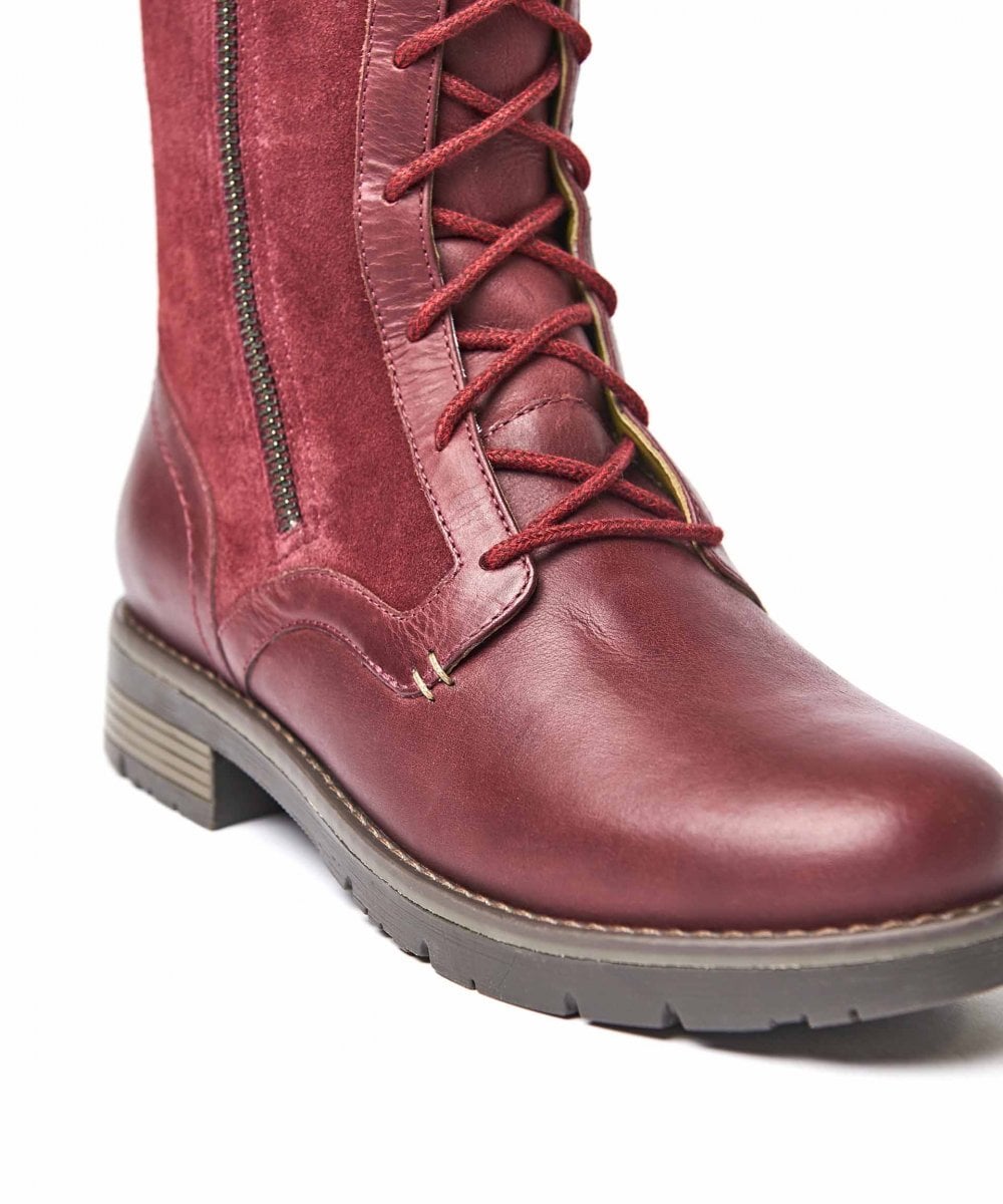 Red long adjustable lace-up boots - AIMEE CABERNET