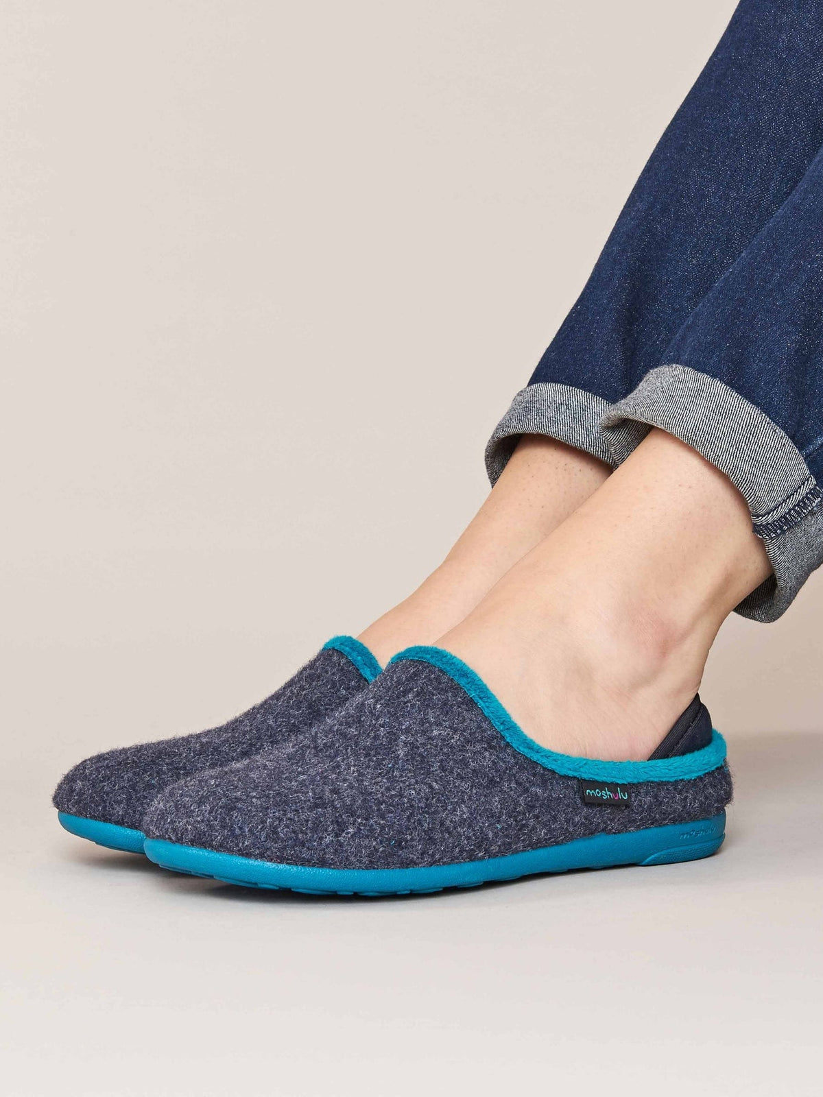 Blue ladies' felted heel cup slippers - GELENA INDIGO