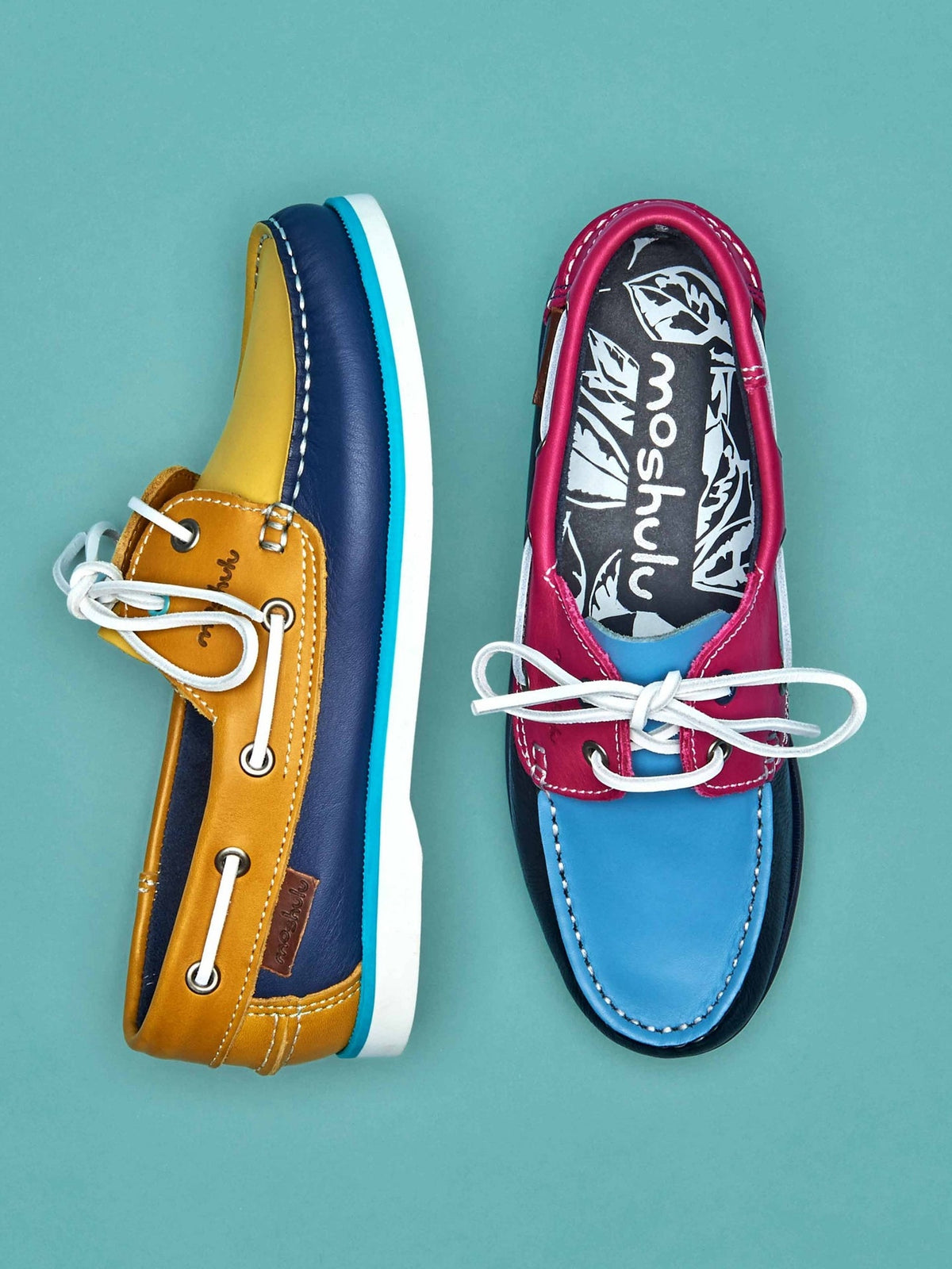 Yellow / Blue Colourful leather deck shoes - SALCOMBE LEATHER TWILIGHT BLUE/LEMON/YELLOW