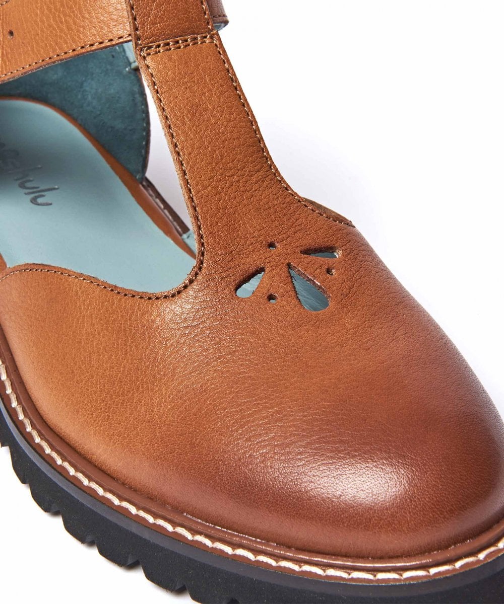 Brown Leather T-bar shoes - MARAZION TAN
