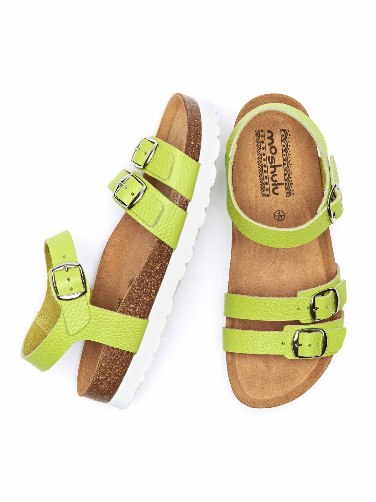 Green Leather triple strap buckle cork sandal - ELBURY CHARTREUSE