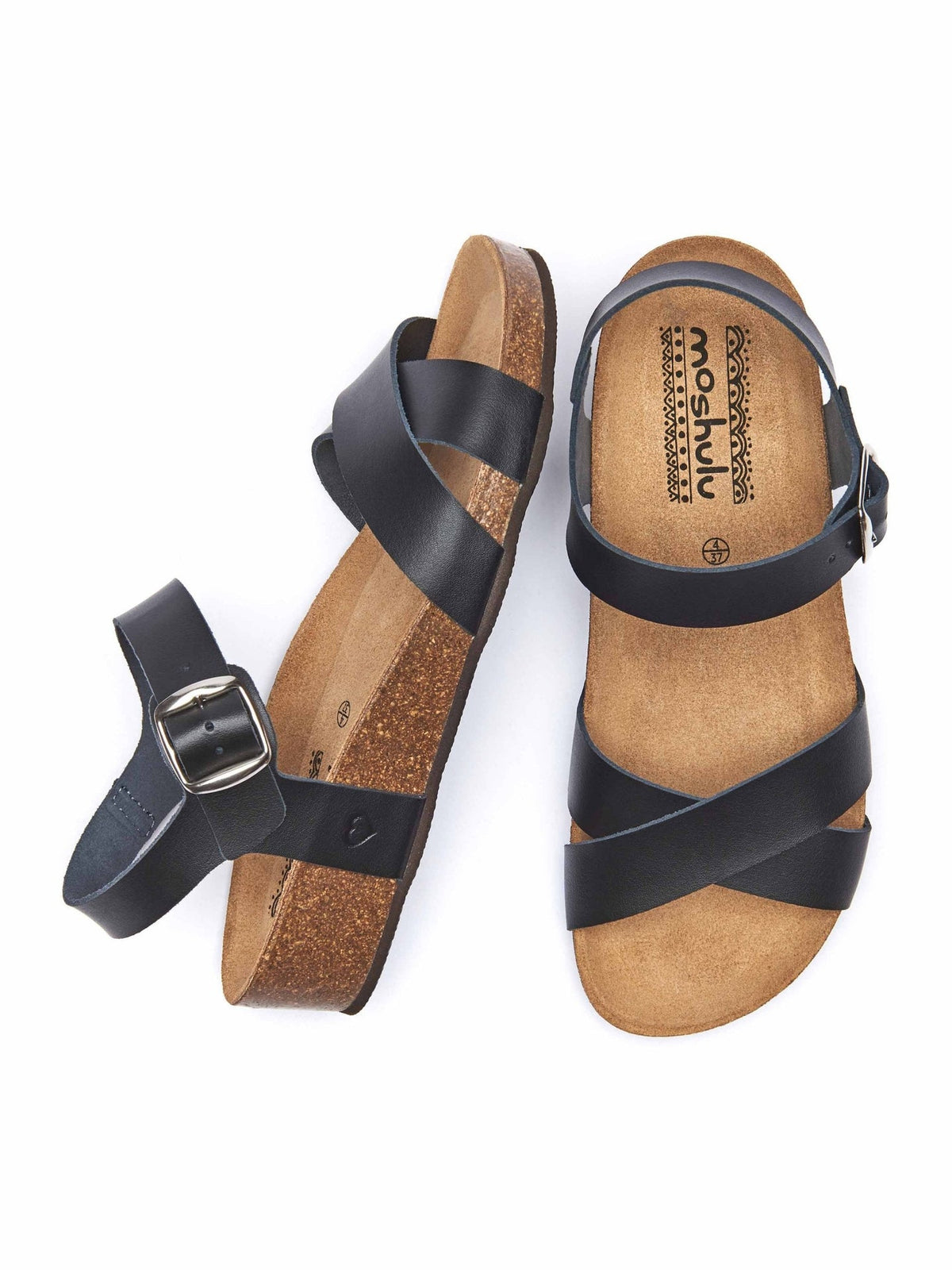 Black leather cross-over low-wedge sandals - BIGBURY 2 BLACK