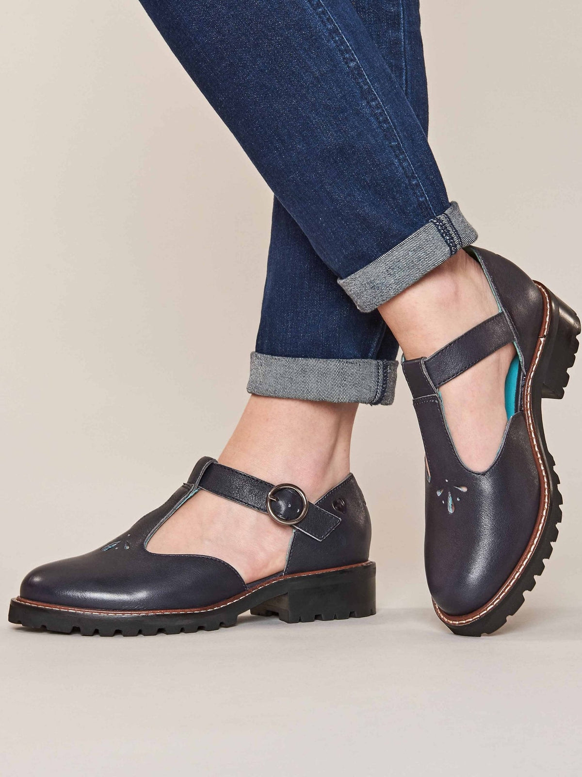 Blue Leather T-bar shoes - MARAZION INDIGO