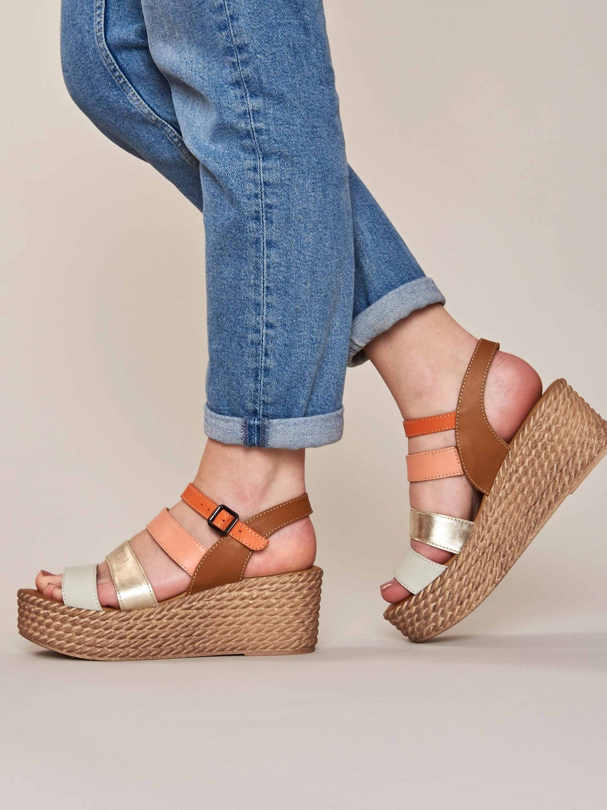 Brown Leather strappy wedge sandals - CAMERI TAN MULTI
