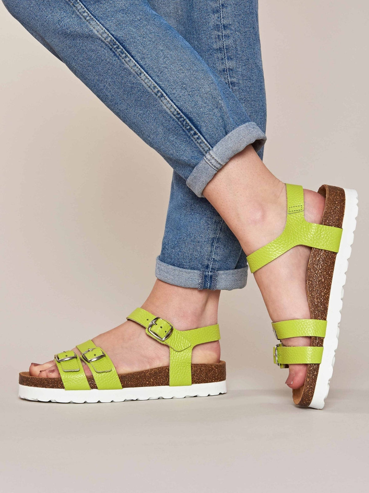 Green Leather triple strap buckle cork sandal - ELBURY CHARTREUSE