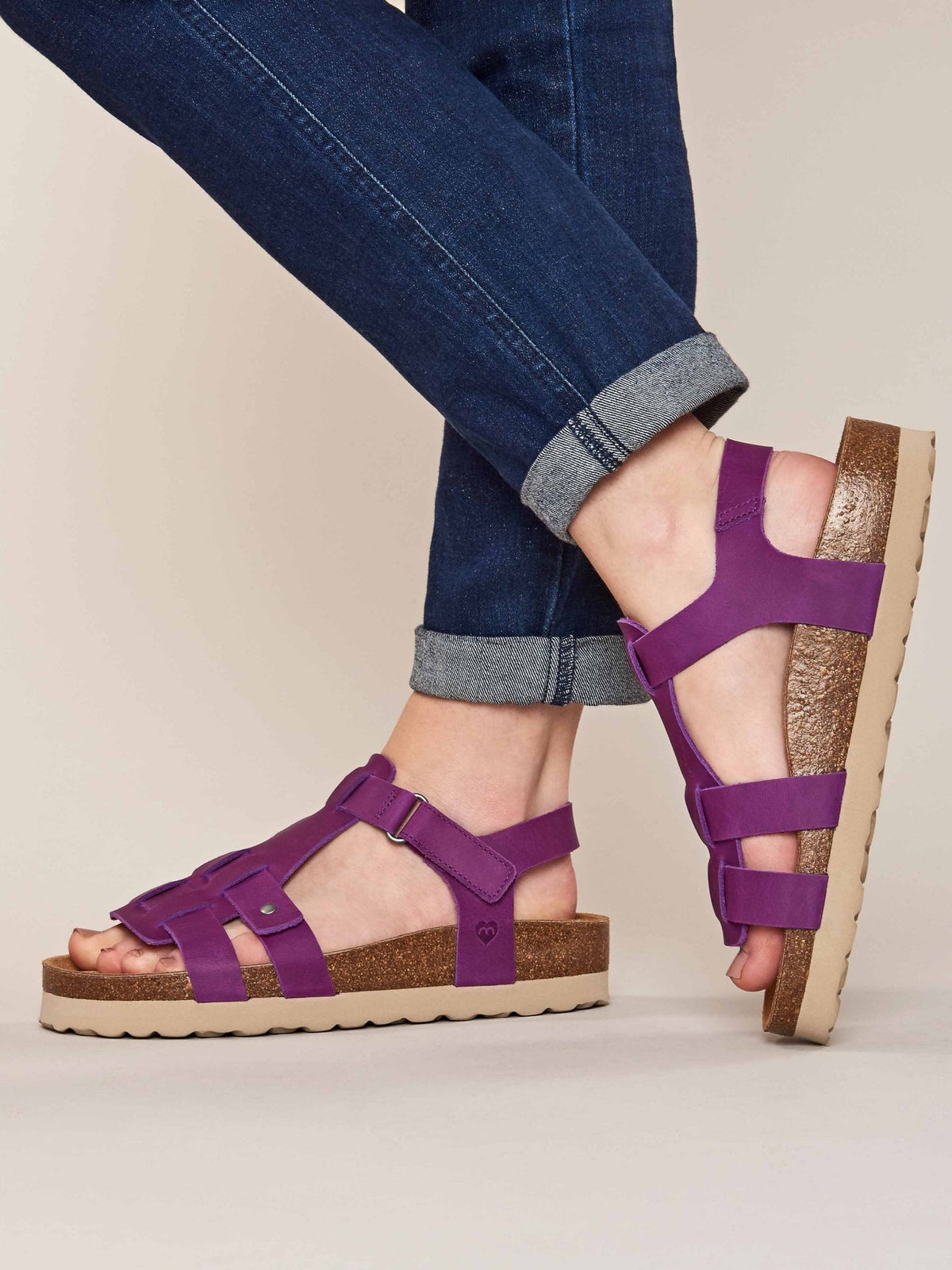 Purple Leather t-bar cork sandal - SAUNTON ROYAL PURPLE