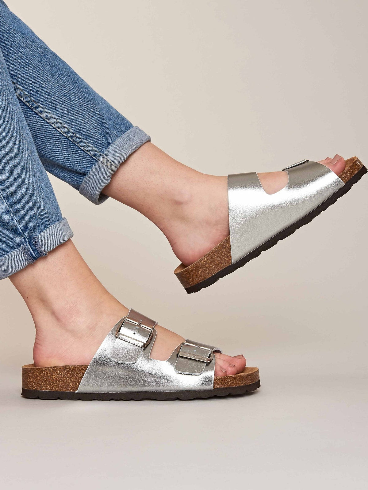 Metallic / Grey metallic cork mule sandals - BAVARIA METALLIC SILVER