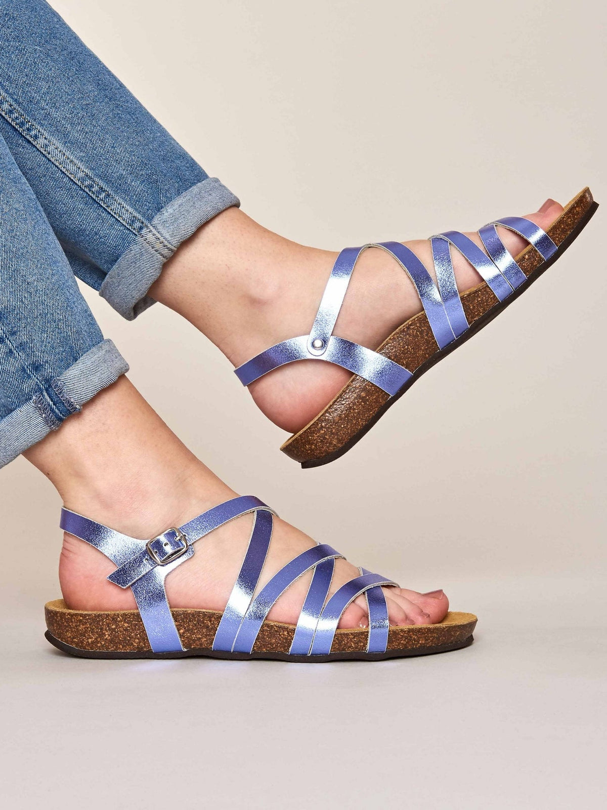 Metallic / Purple strappy cork footbed sandals - GINGER ALE METALLIC LAVENDER