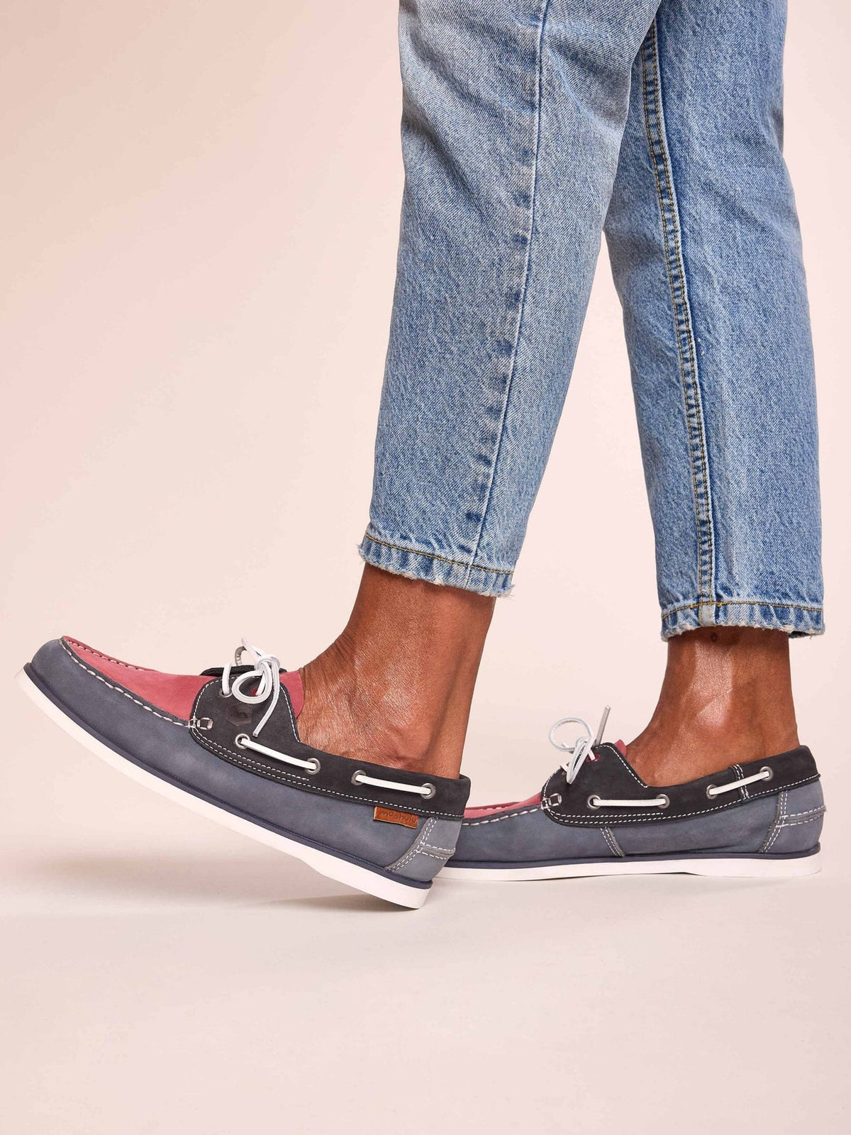 Blue men's traditional nubuck deck shoes - KINGSAND DENIM/RED/NAVY
