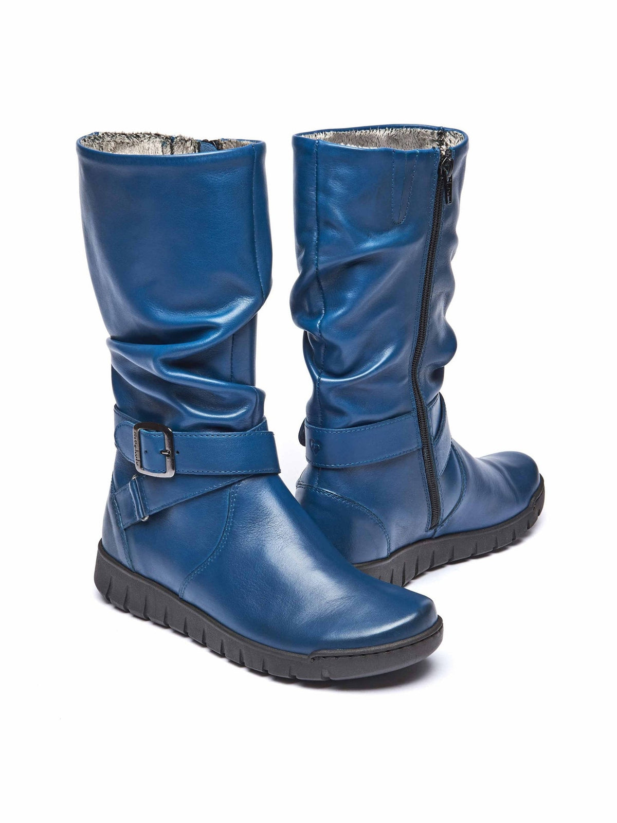 Blue ruched leather mid-length boots - MALMO DARK TEAL