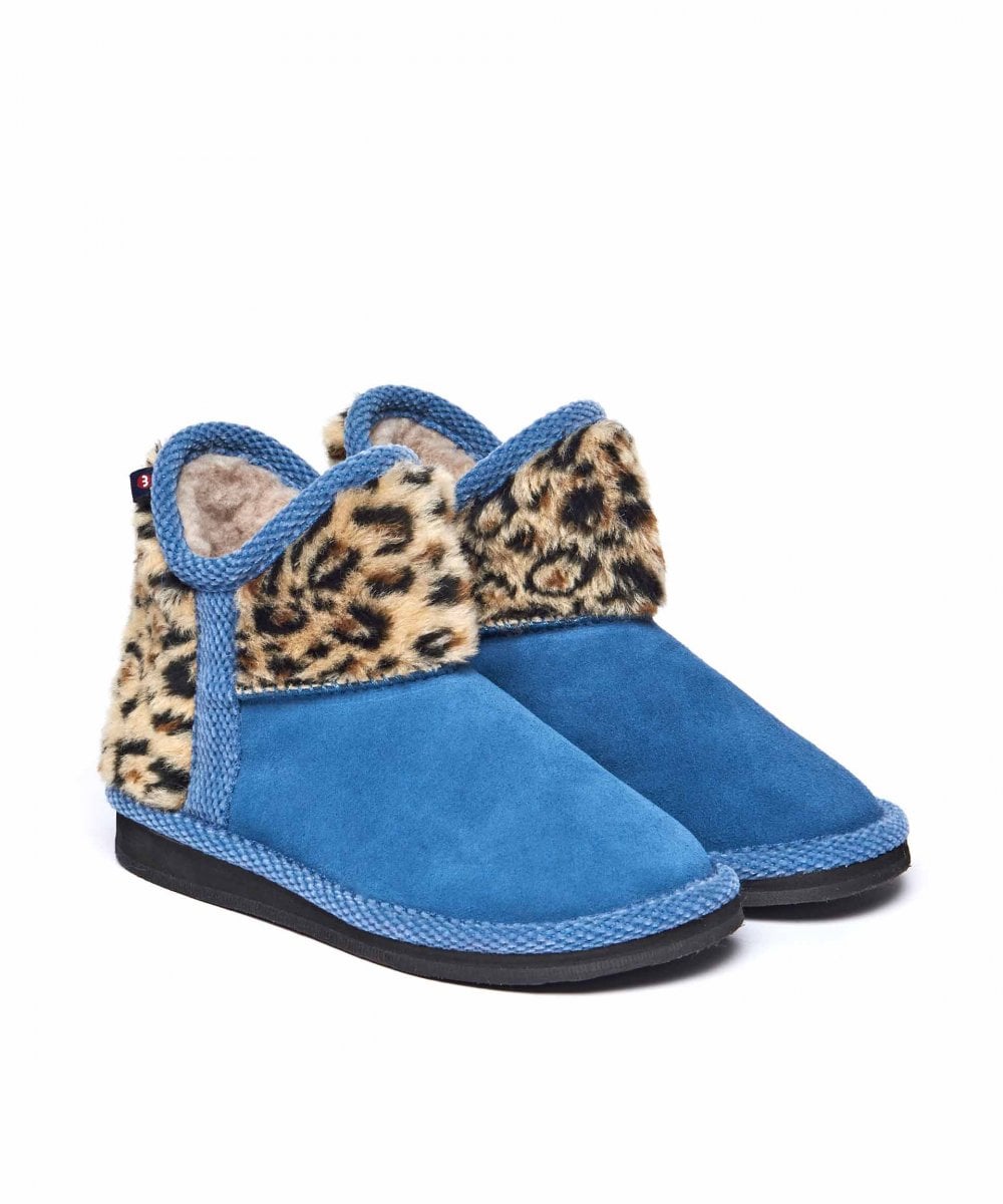 Blue kids animal print fluffy bootie slippers - MINI SNOWMAN DENIM