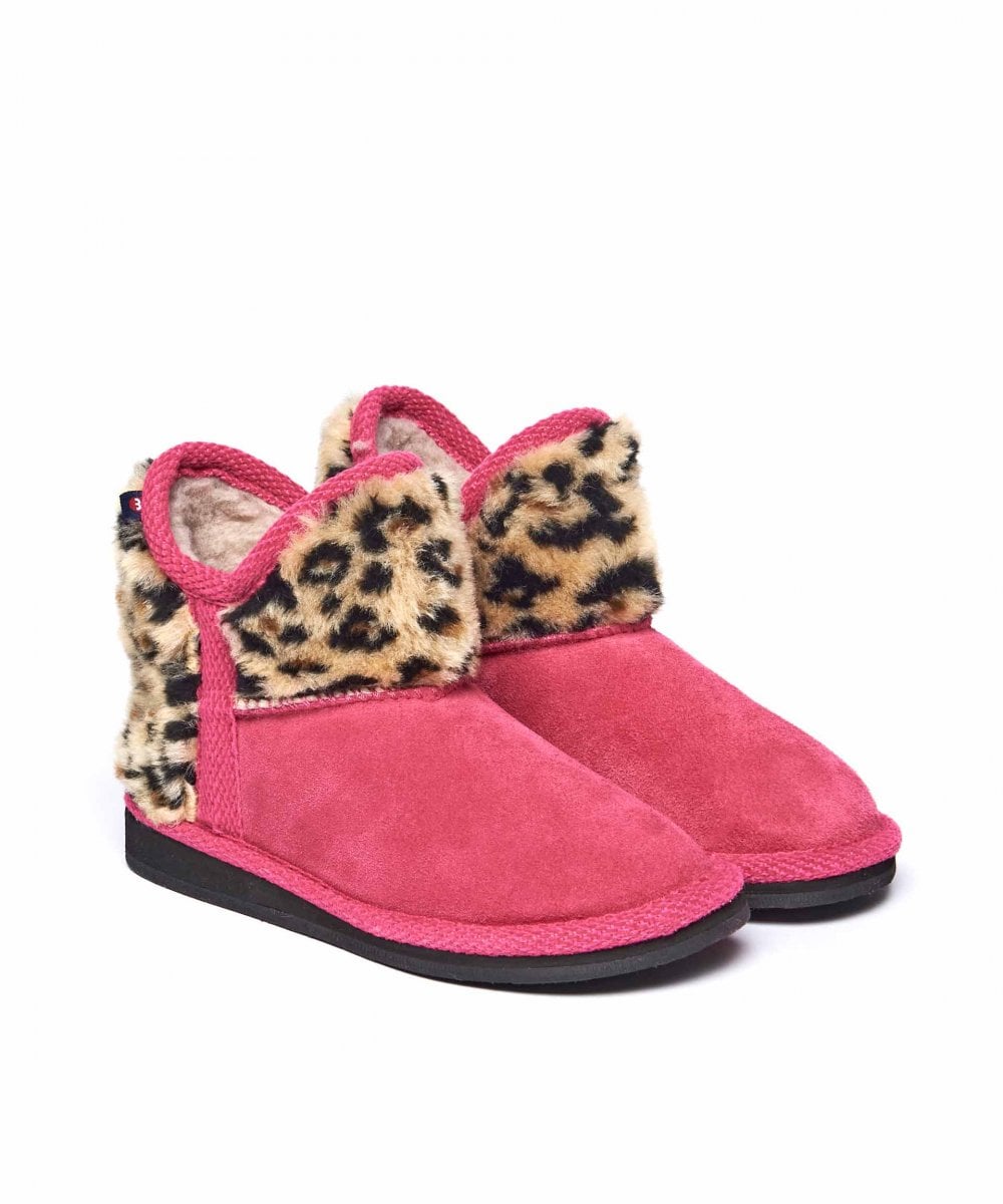 Pink kids animal print fluffy bootie slippers - MINI SNOWMAN PINK