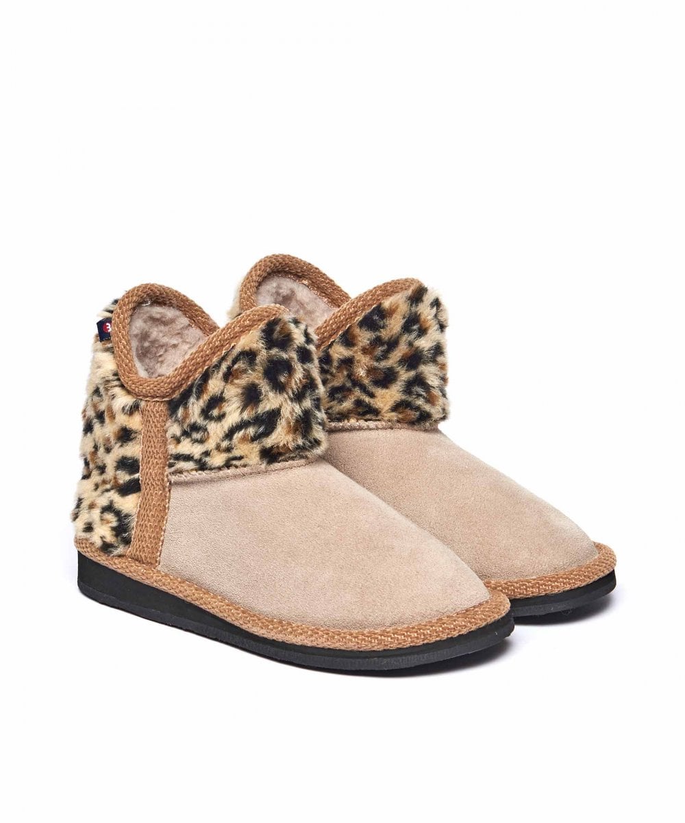 Neutral kids animal print fluffy bootie slippers - MINI SNOWMAN BEIGE