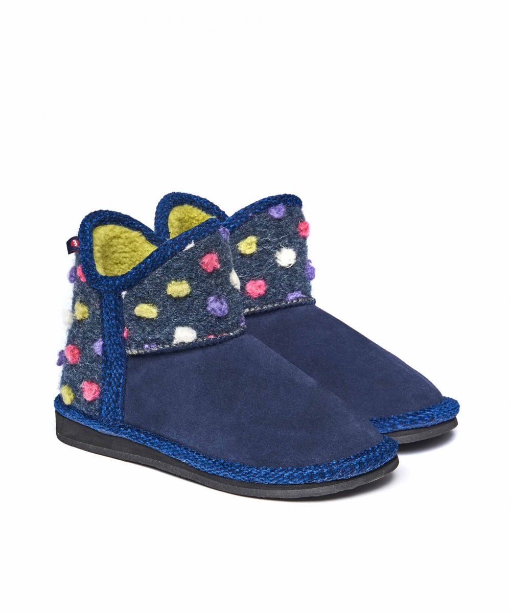 Blue kids spotty bootie slippers - MINI FIRESIDE INDIGO