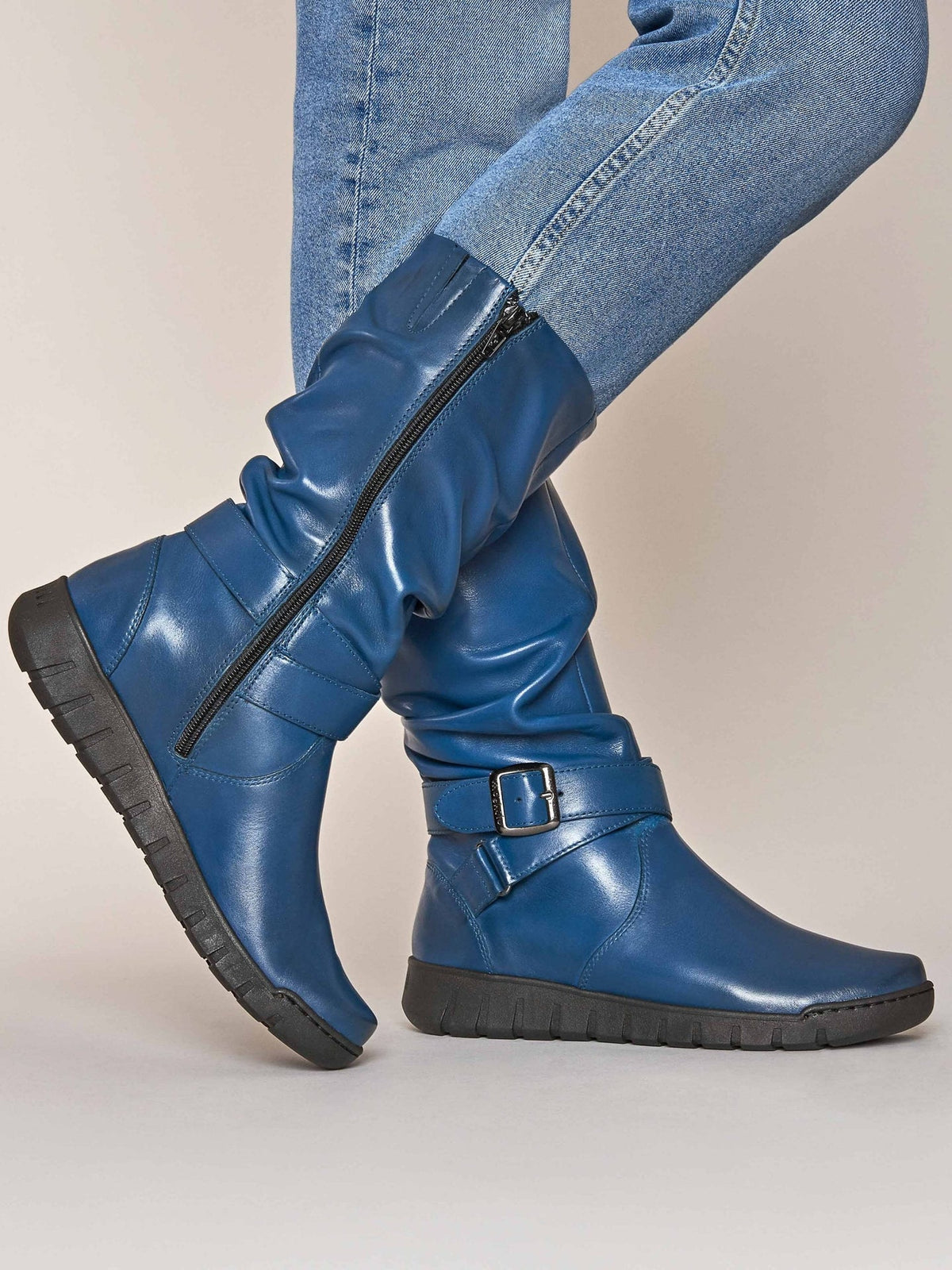 Blue ruched leather mid-length boots - MALMO DARK TEAL