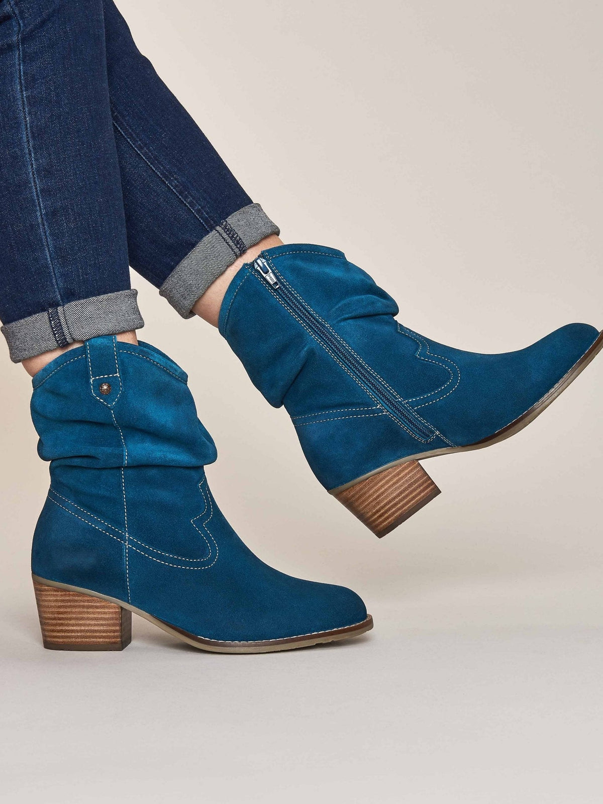 Blue suede Western ankle boots - ERICA DARK TEAL