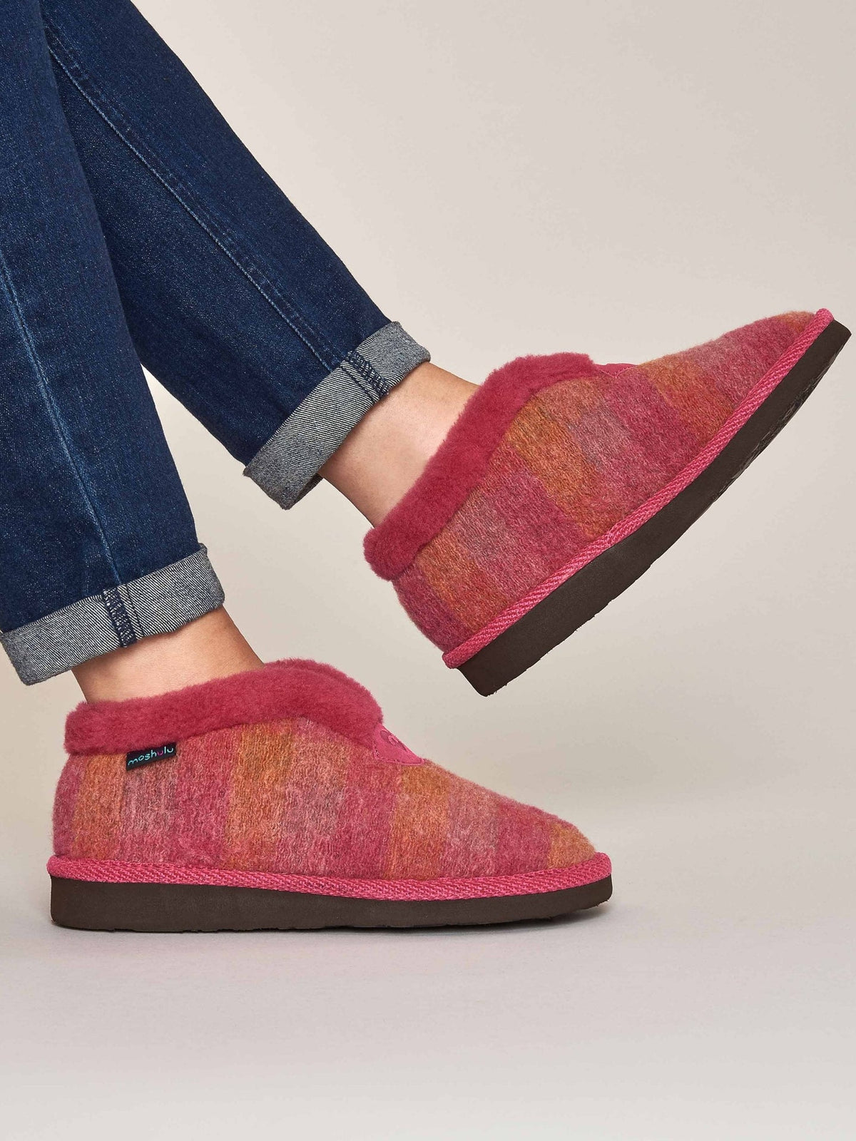 Pink felt plaid ankle boot slippers - NANIS PINK PLAID